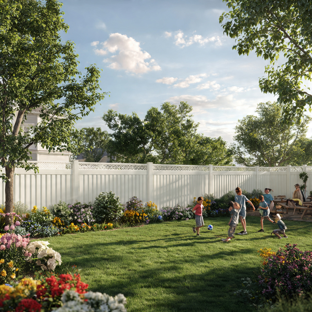bright backyard with a classic white vinyl