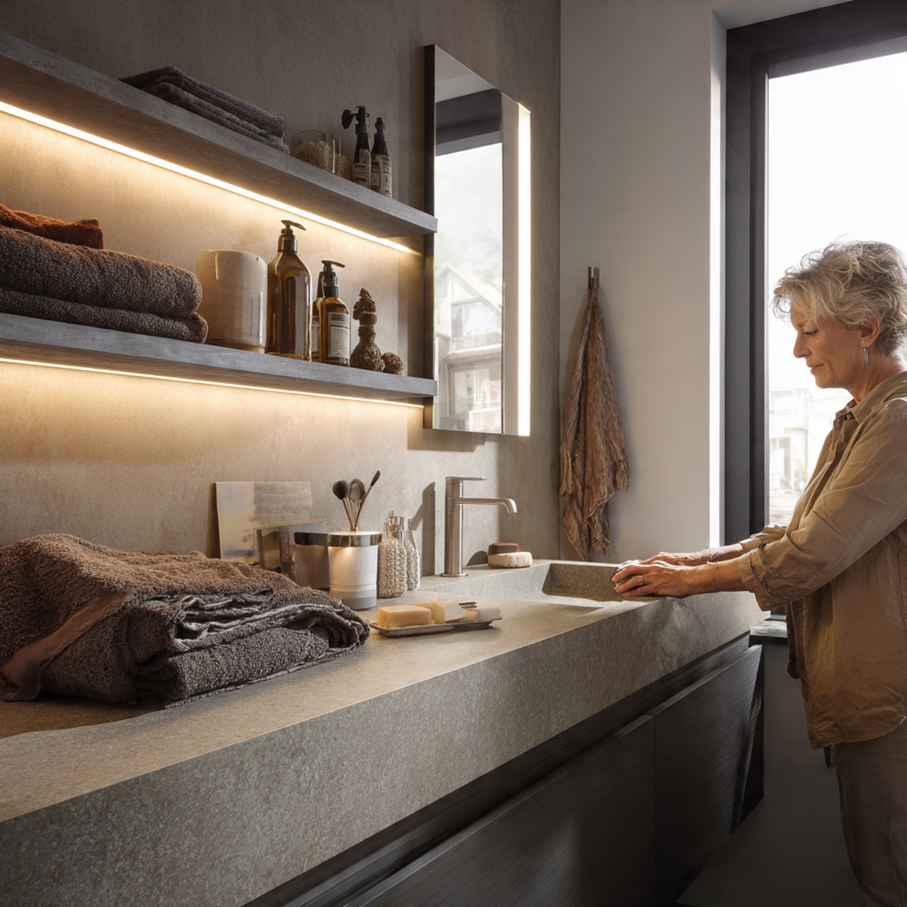 25 Luxury Bathroom Lighting Ideas That Inspire & Impress 9 contemporary bathroom with floating shelves above the