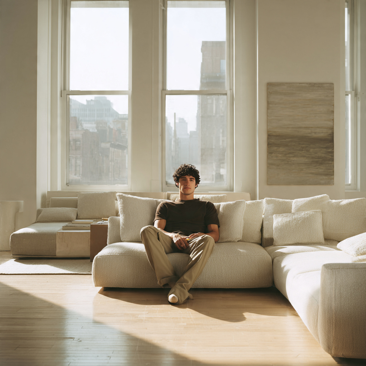 contemporary minimalist living room with low profile sofas