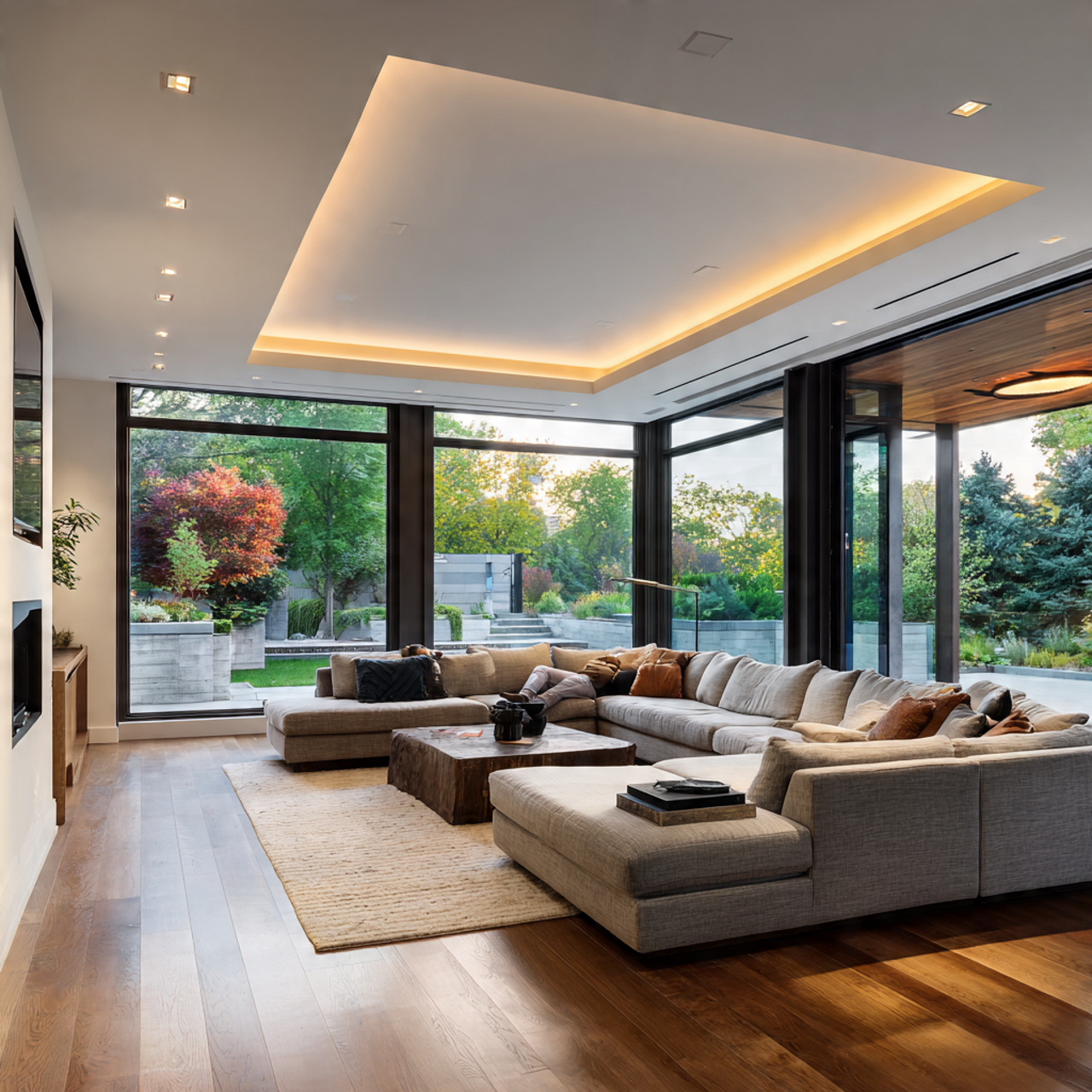 contemporary open concept living room featuring pop design