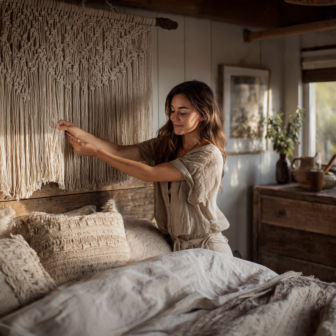 25 Cottage Bedroom Ideas to Create a Beautifully Cozy Sanctuary 22 cottage bedroom ideas showcasing soft macrame hanging