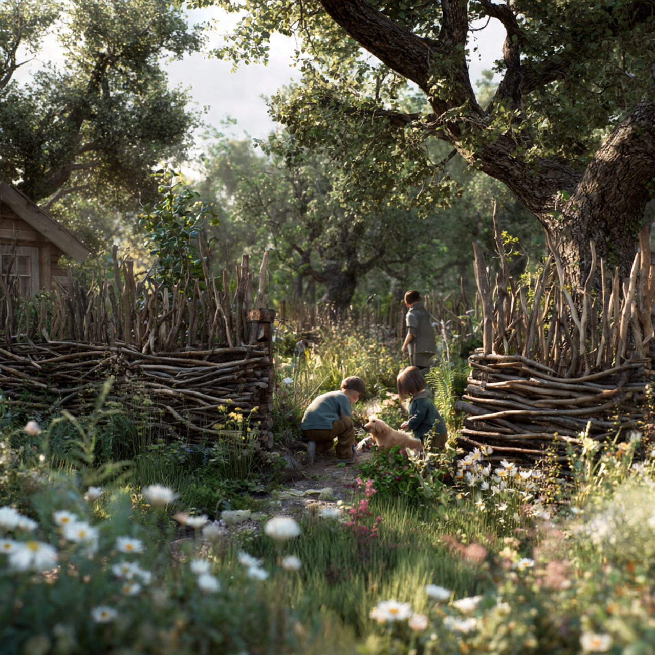 cottage style backyard with a natural willow branch