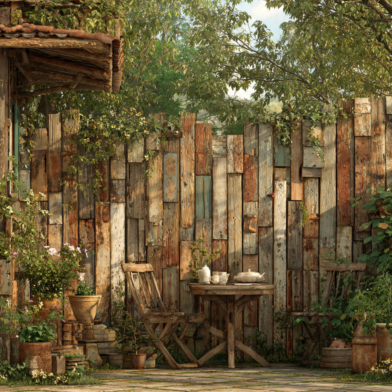 cozy backyard featuring a rustic reclaimed wood