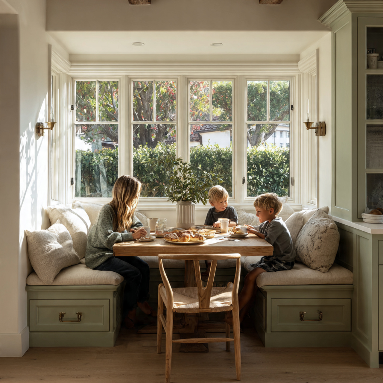 25 Sage Green Kitchen Ideas – Transform Your Space with Calm & Stylish Vibes 12 cozy breakfast nook with sage green built in