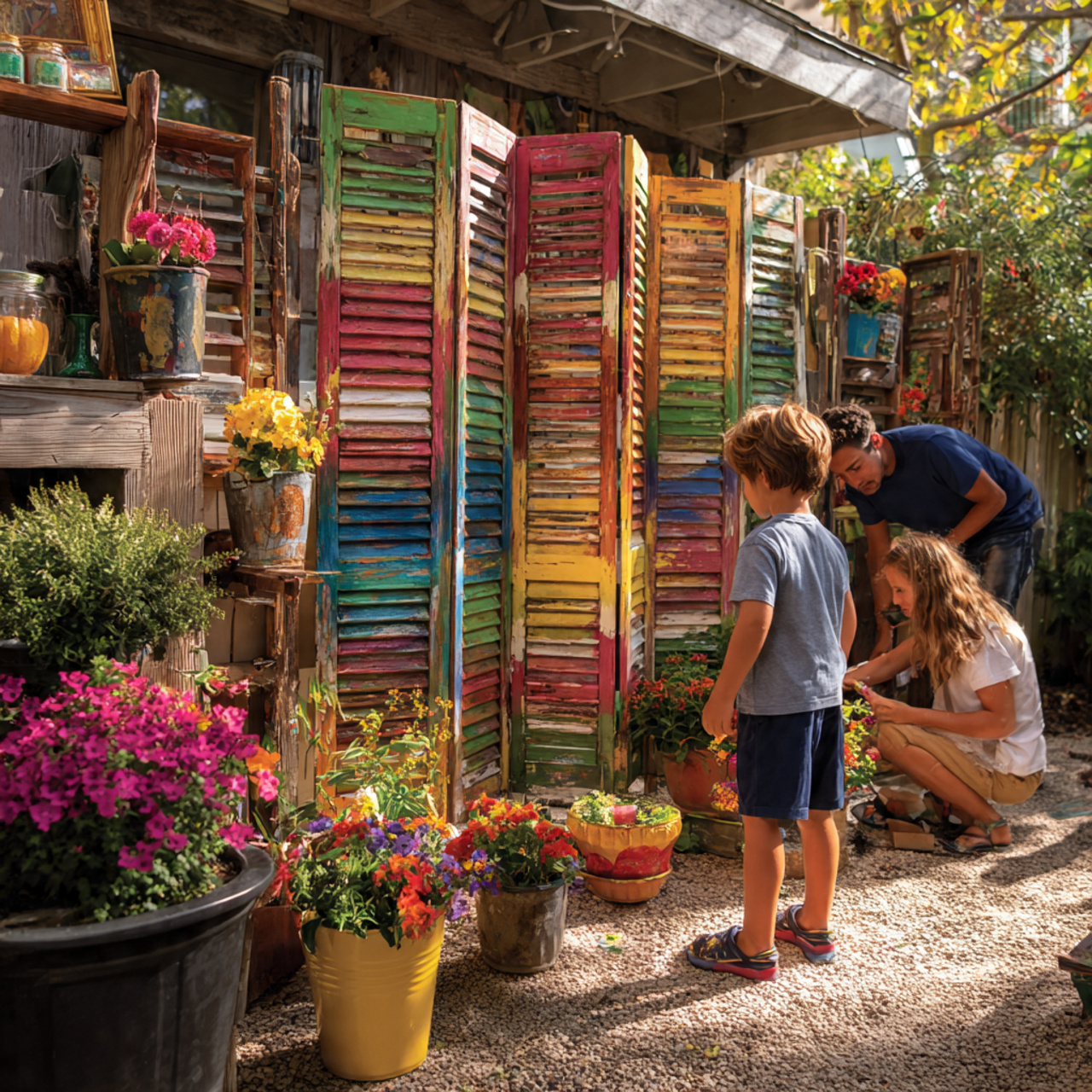 creative backyard with colorful upcycled shutter privacy