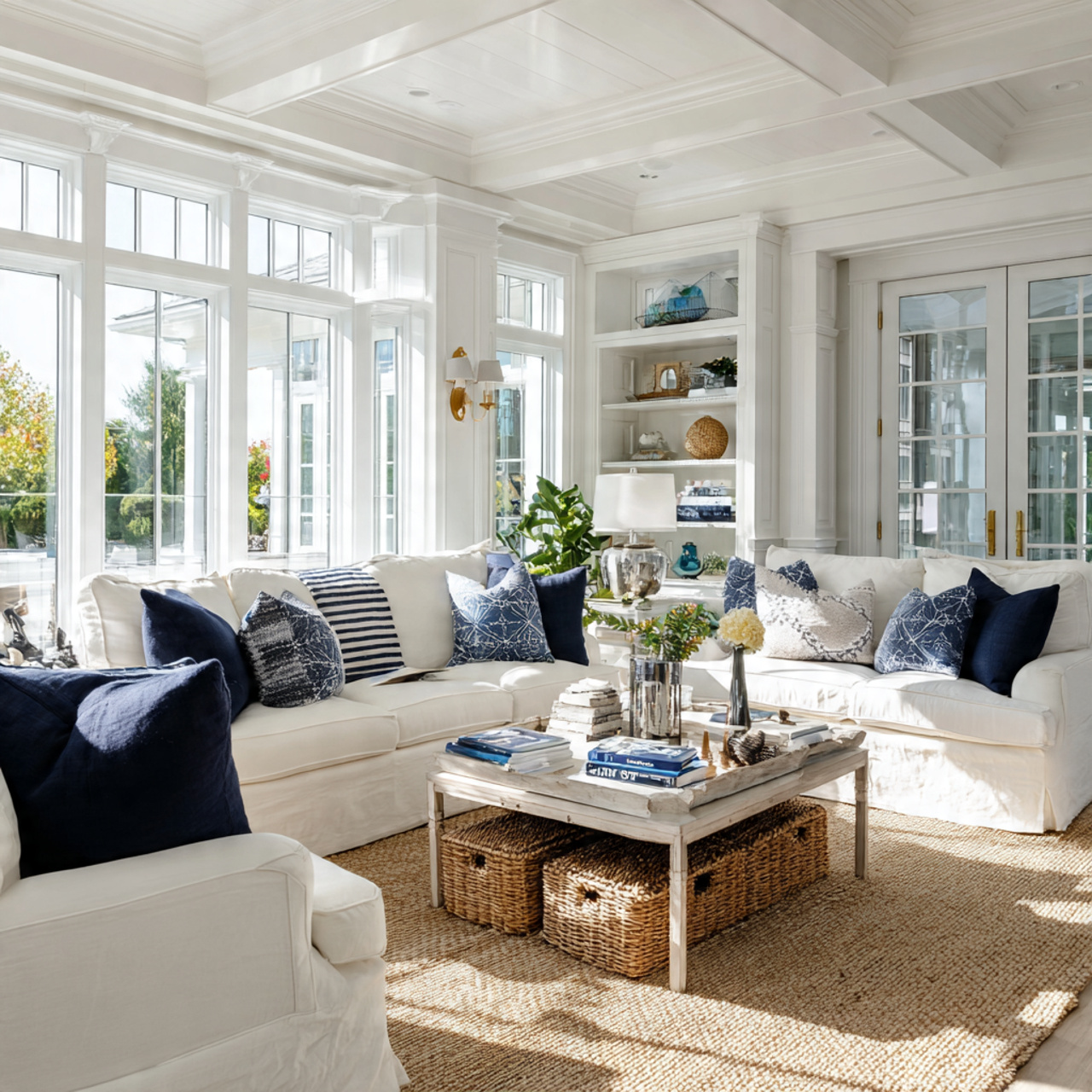 elegant hamptons style sunroom with white painted woodwork coffered