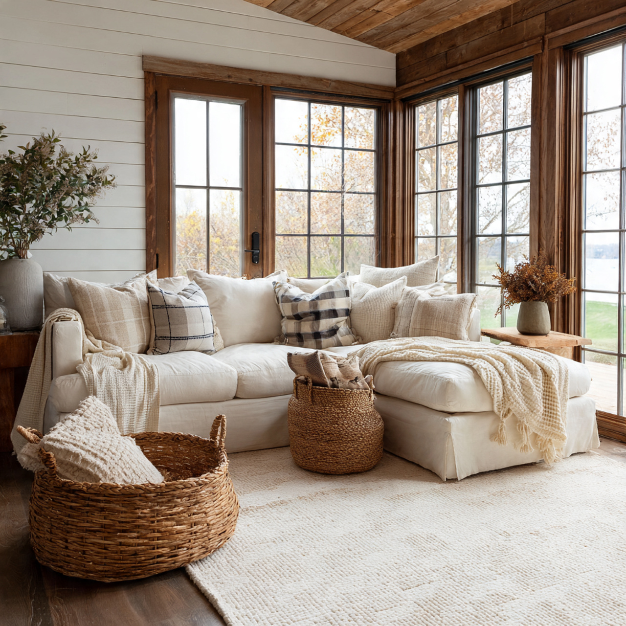 farmhouse style sunroom with white shiplap walls natural
