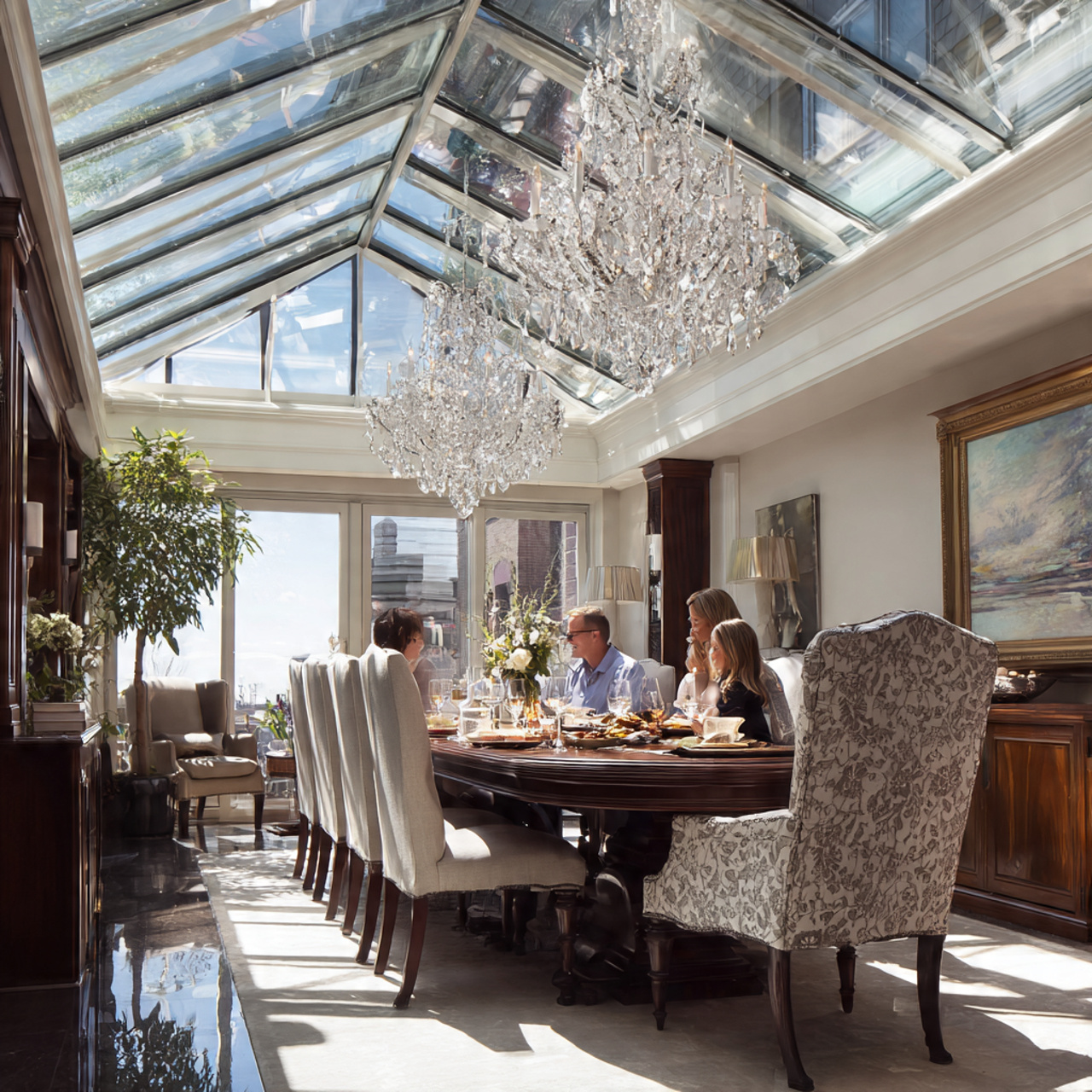formal dining sunroom with a long mahogany