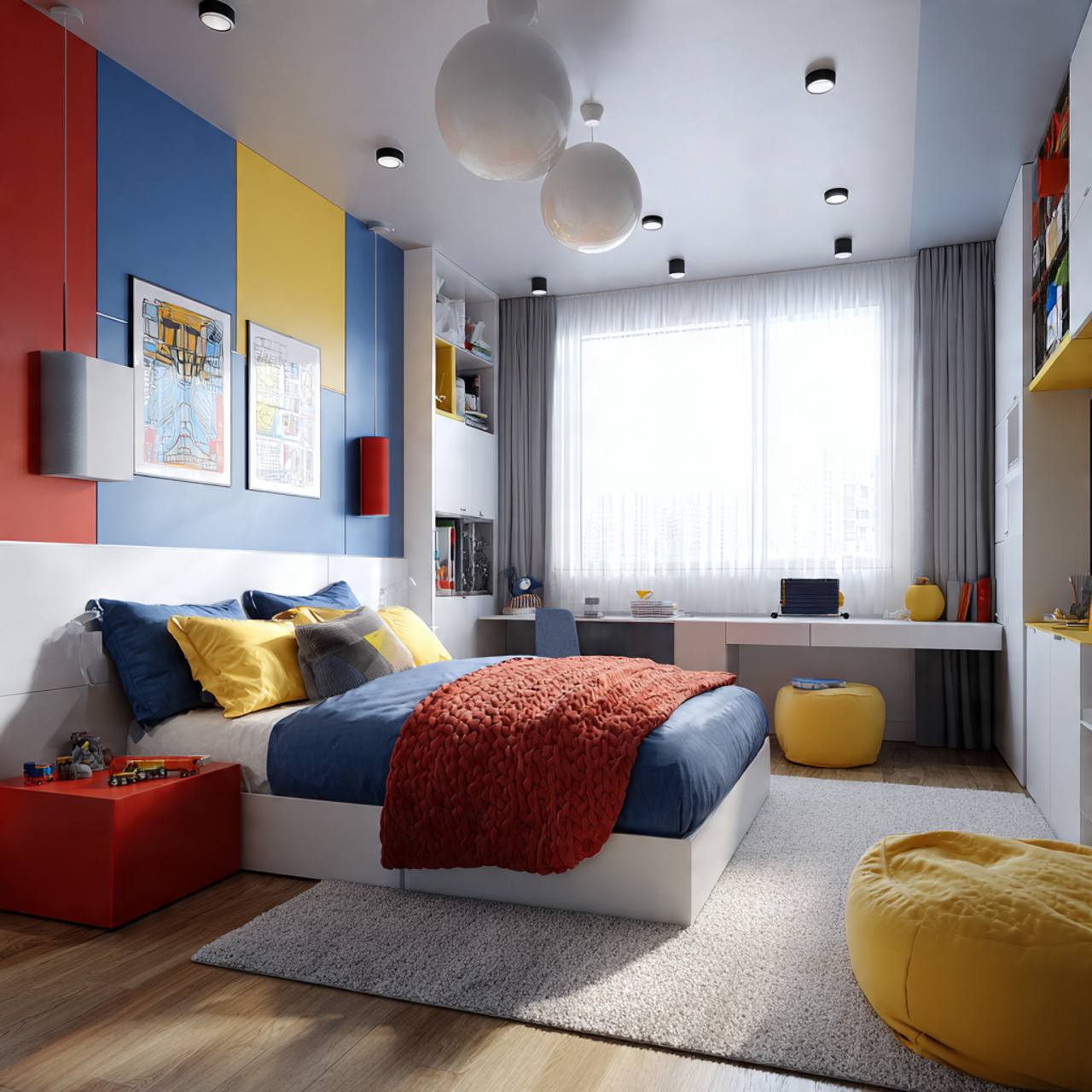 high resolution realistic bedroom interior showing boys bedroom
