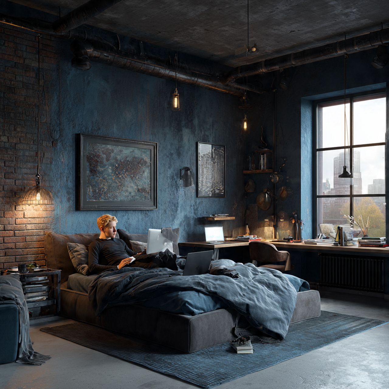 25 Elegant Blue Bedroom Ideas That Elevate Any Room 8 industrial loft style bedroom with dusty denim blue