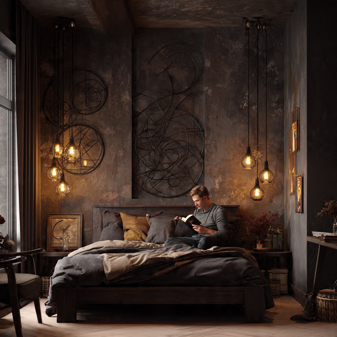 25 Chic & Inspiring Bedroom Wall Decor Above Bed Ideas You’ll Love 7 industrial style bedroom with decorative circular wrought iron