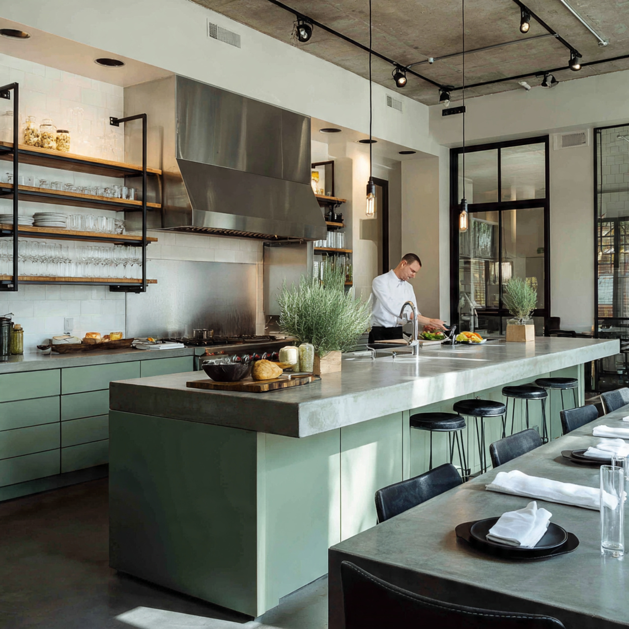 25 Sage Green Kitchen Ideas – Transform Your Space with Calm & Stylish Vibes 8 industrial style kitchen with sage green cabinets and