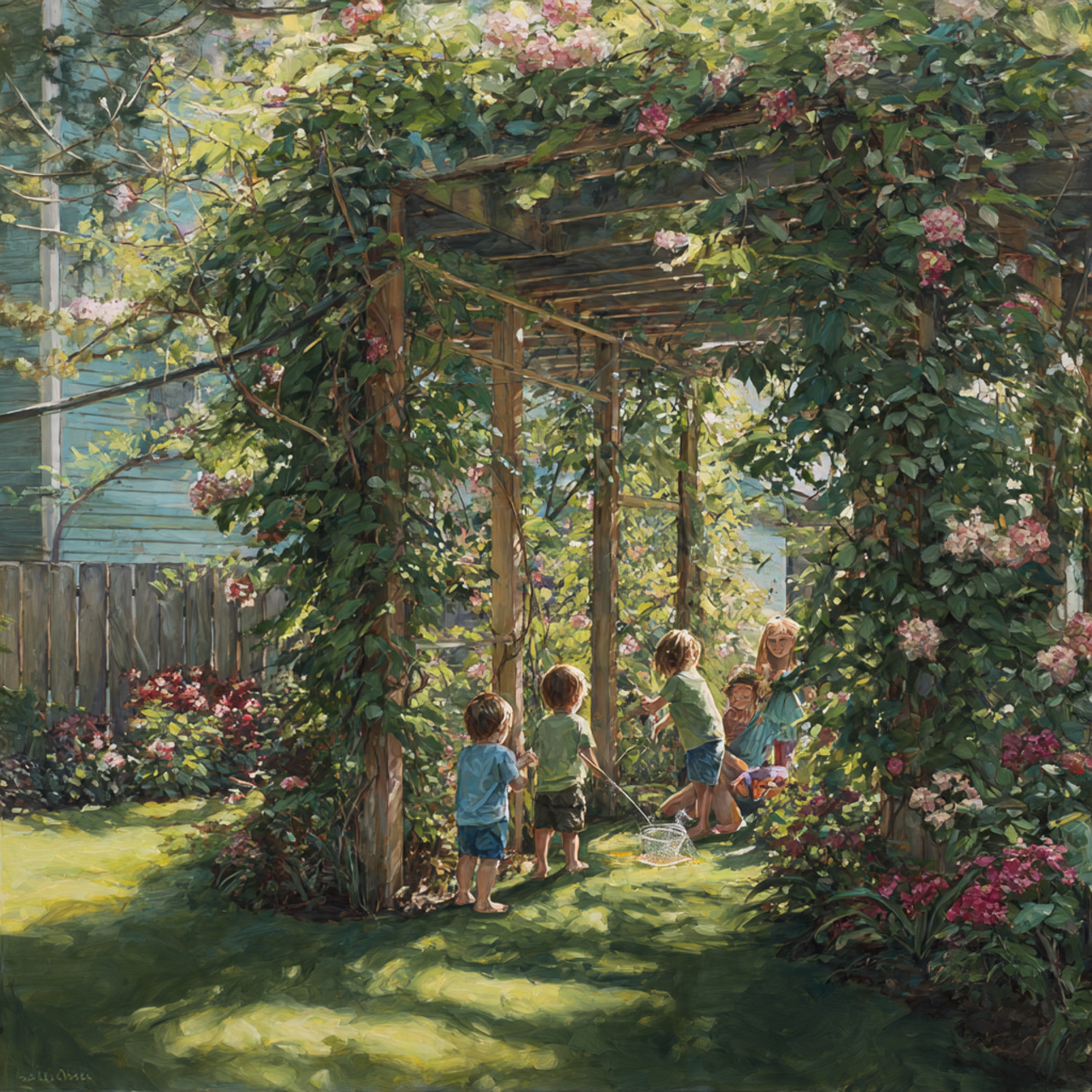 lush backyard with a sturdy trellis covered