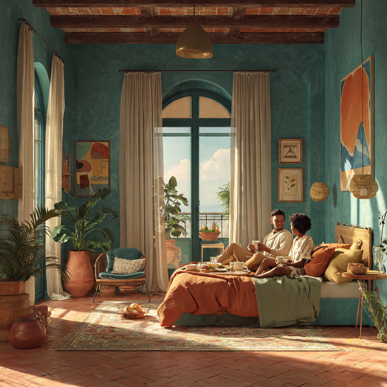 25 Elegant Blue Bedroom Ideas That Elevate Any Room 11 mediterranean inspired bedroom with teal walls and terracotta