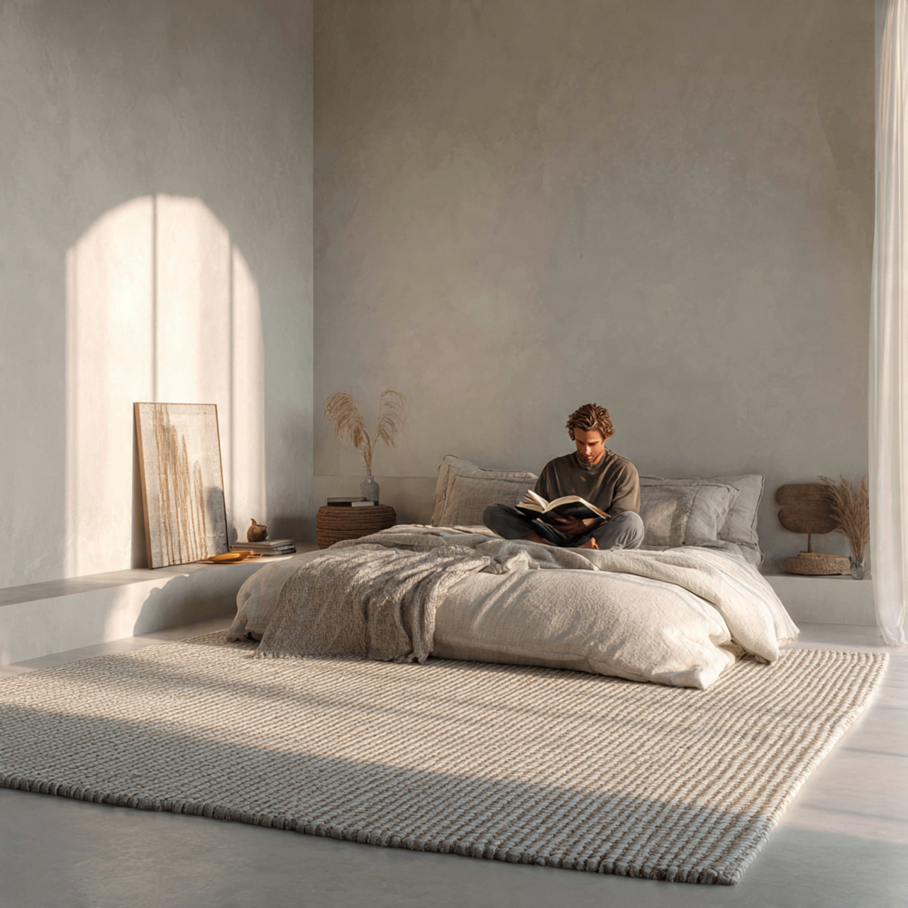 25 Minimalist Bedroom Ideas That Create Calm, Luxury & Timeless Style 15 minimalist bedroom featuring a large neutral woven
