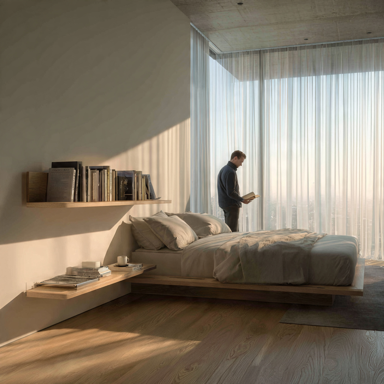 25 Minimalist Bedroom Ideas That Create Calm, Luxury & Timeless Style 7 minimalist bedroom featuring floating bedside shelves a