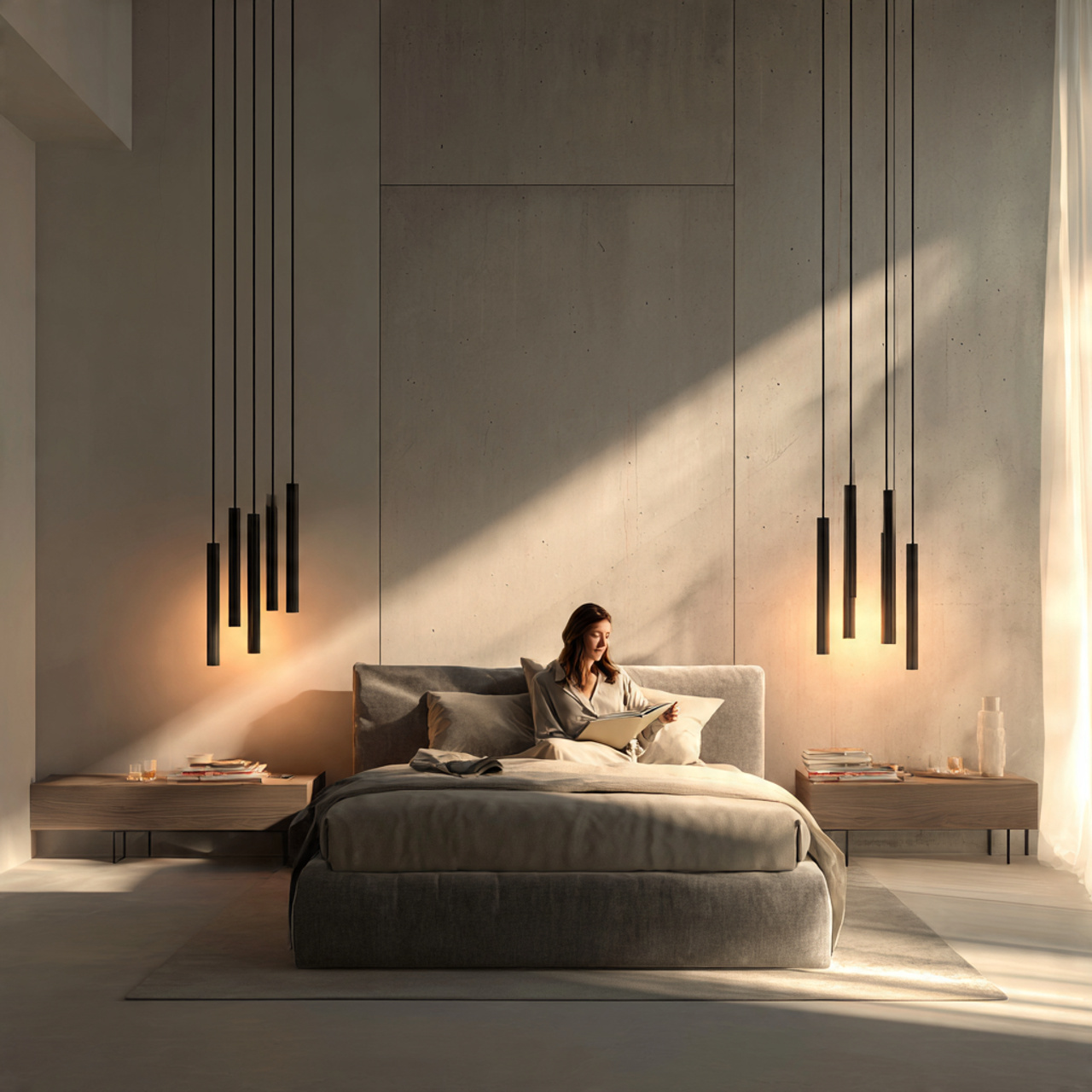 25 Minimalist Bedroom Ideas That Create Calm, Luxury & Timeless Style 23 minimalist bedroom featuring sleek low hanging pendant lights