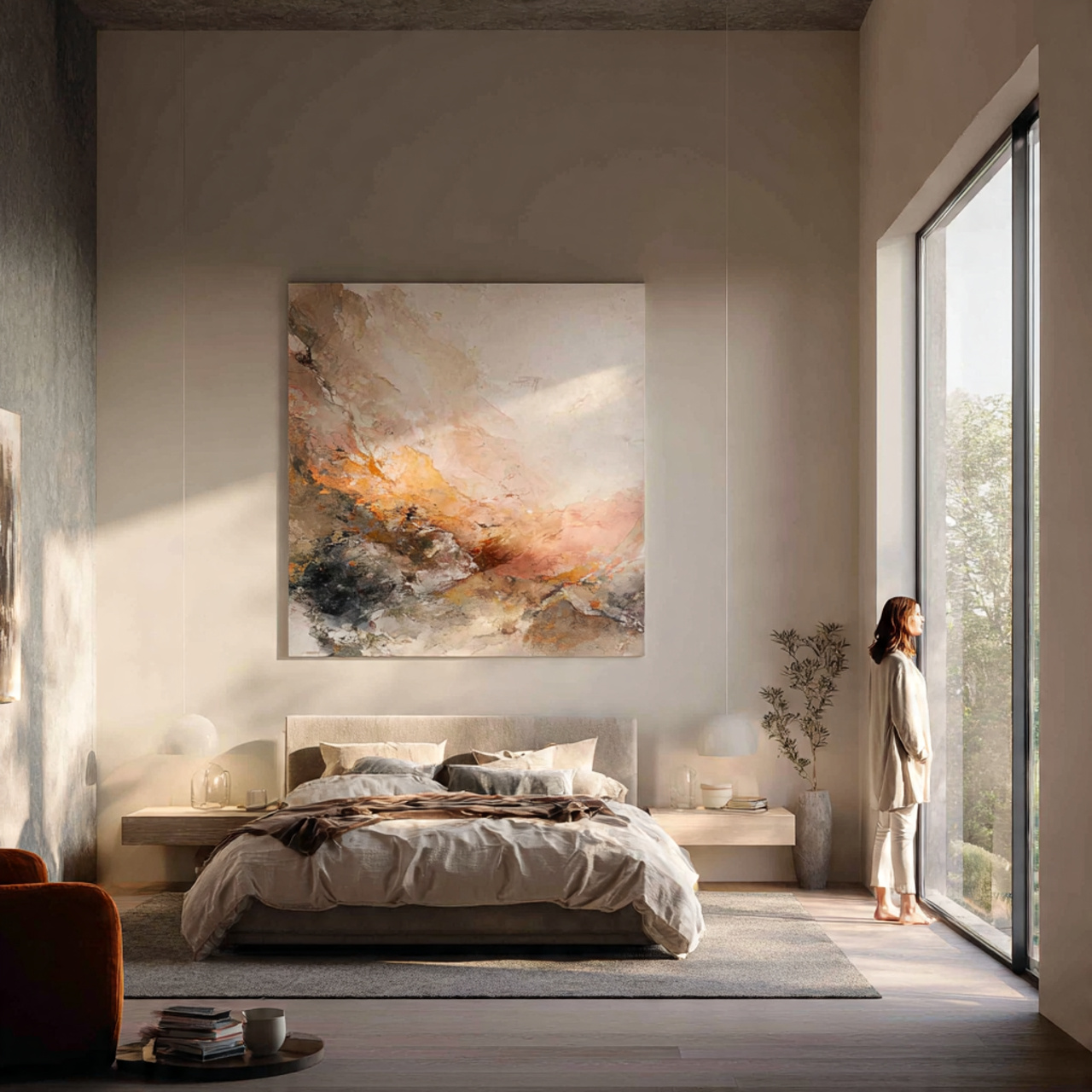 25 Minimalist Bedroom Ideas That Create Calm, Luxury & Timeless Style 8 minimalist bedroom with a large abstract painting