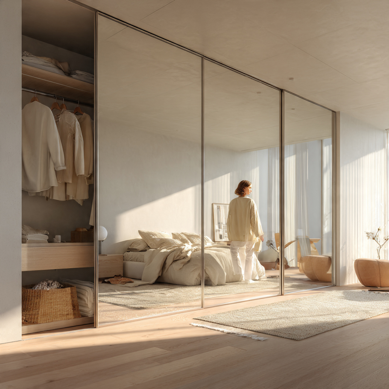 25 Minimalist Bedroom Ideas That Create Calm, Luxury & Timeless Style 21 minimalist bedroom with large mirrored closet panels