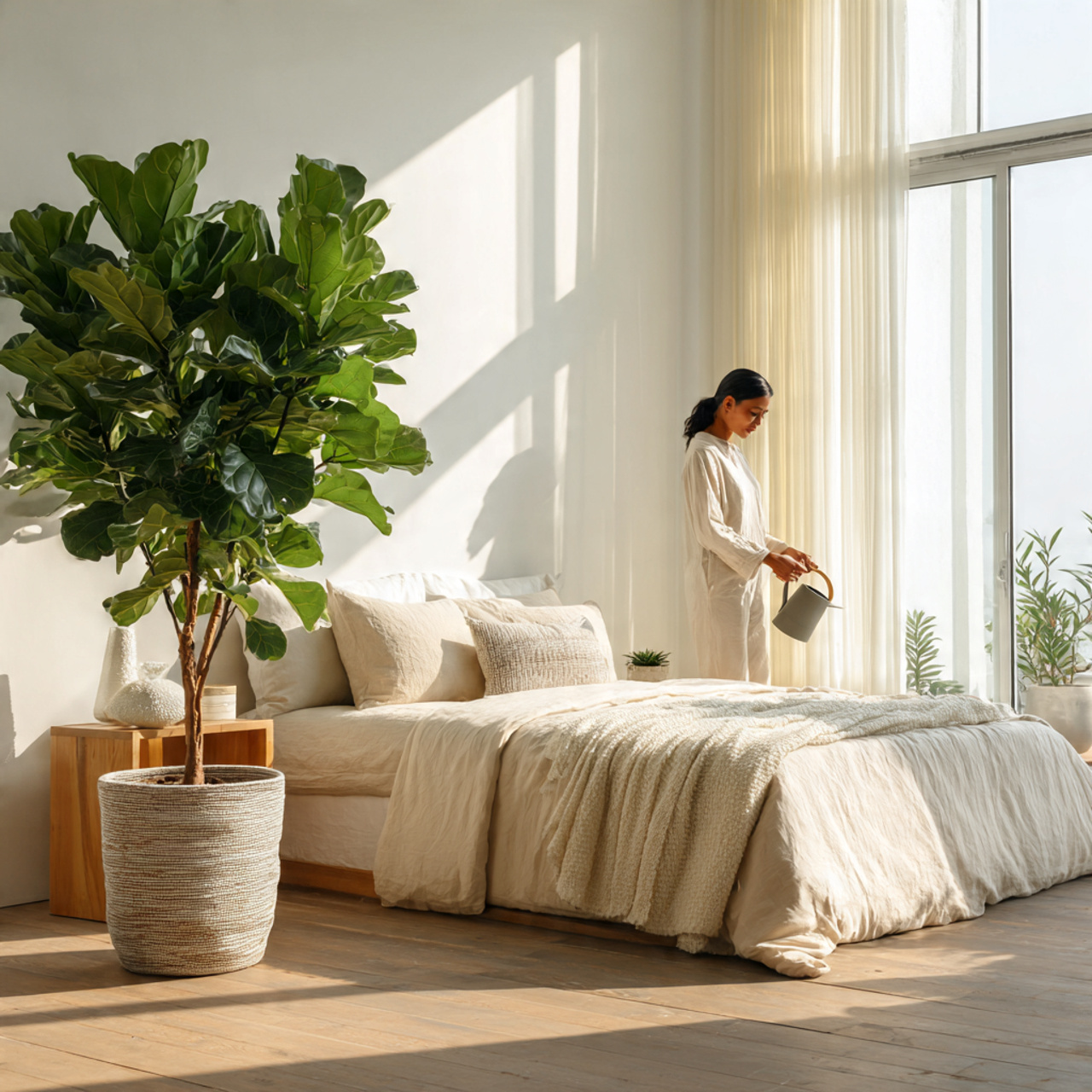 25 Minimalist Bedroom Ideas That Create Calm, Luxury & Timeless Style 20 minimalist bedroom with large potted fiddle leaf