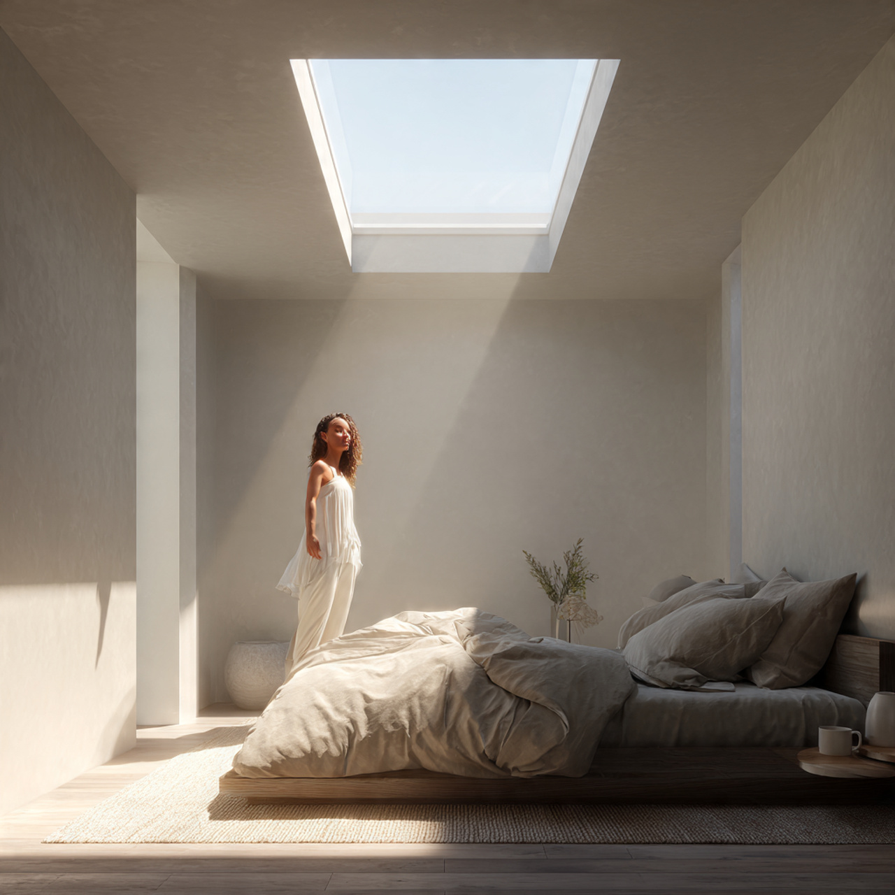25 Minimalist Bedroom Ideas That Create Calm, Luxury & Timeless Style 14 minimalist bedroom with large skylight letting sunlight