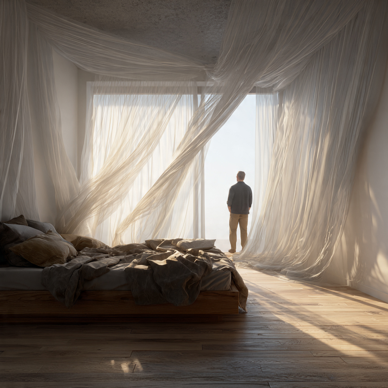 25 Minimalist Bedroom Ideas That Create Calm, Luxury & Timeless Style 17 minimalist bedroom with sheer gauze curtains softly