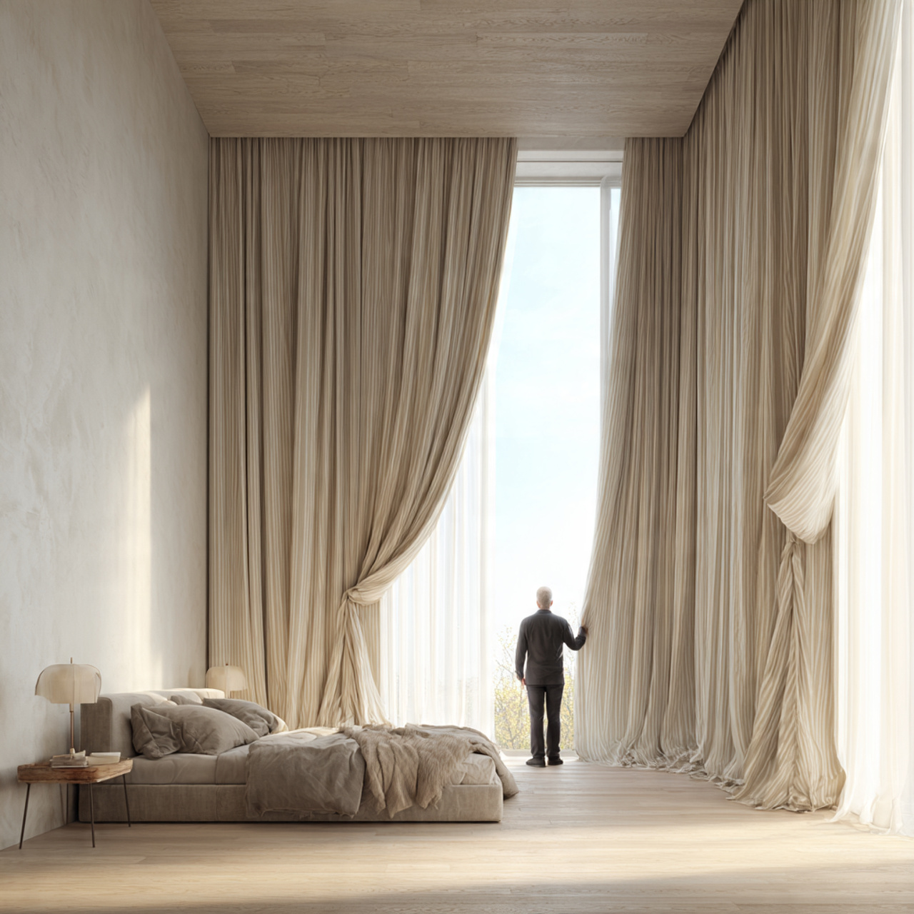 25 Minimalist Bedroom Ideas That Create Calm, Luxury & Timeless Style 9 minimalist bedroom with tall linen drapes from