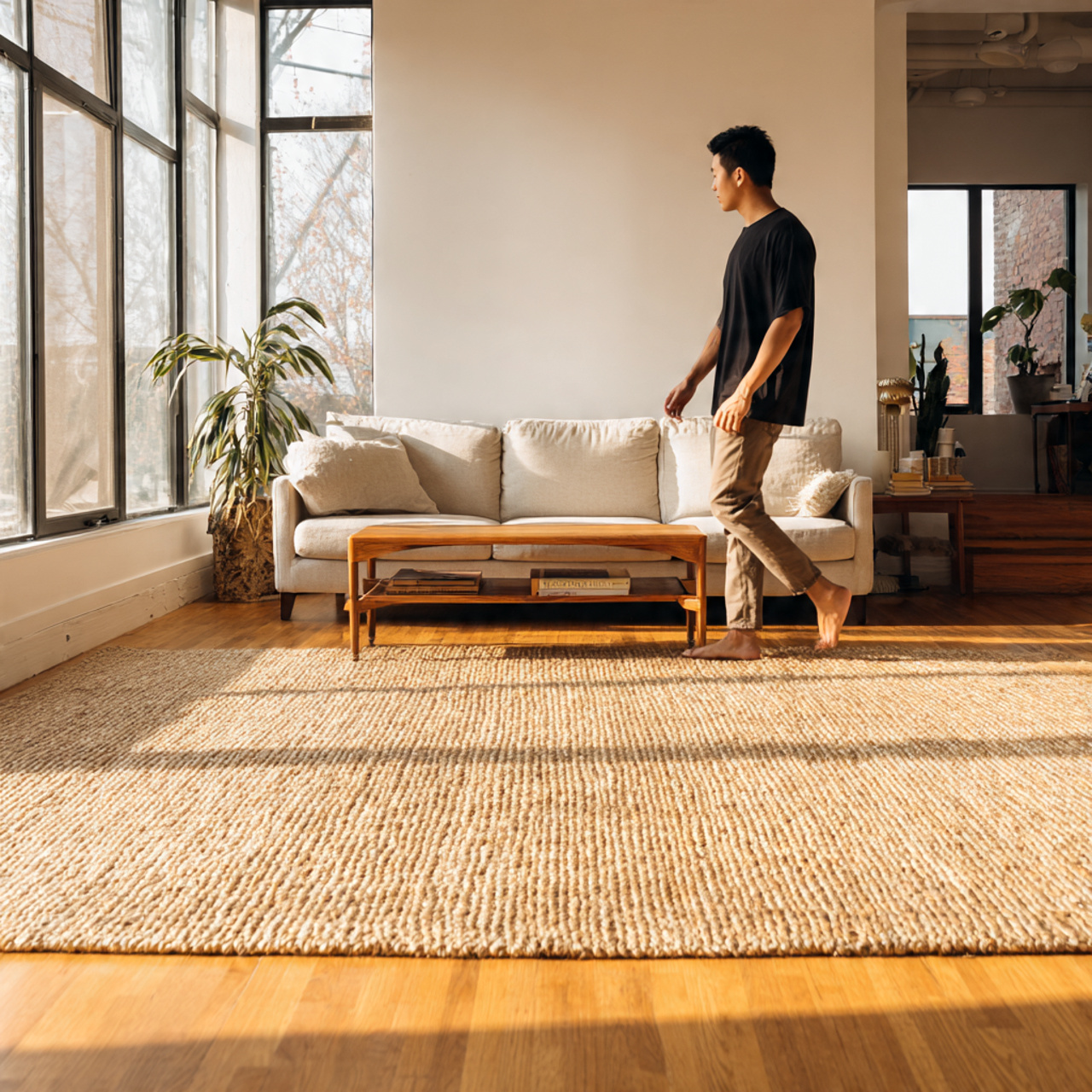 minimalist living room featuring a woven jute