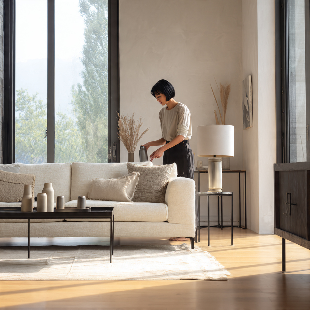 minimalist living room featuring matte metal finishes