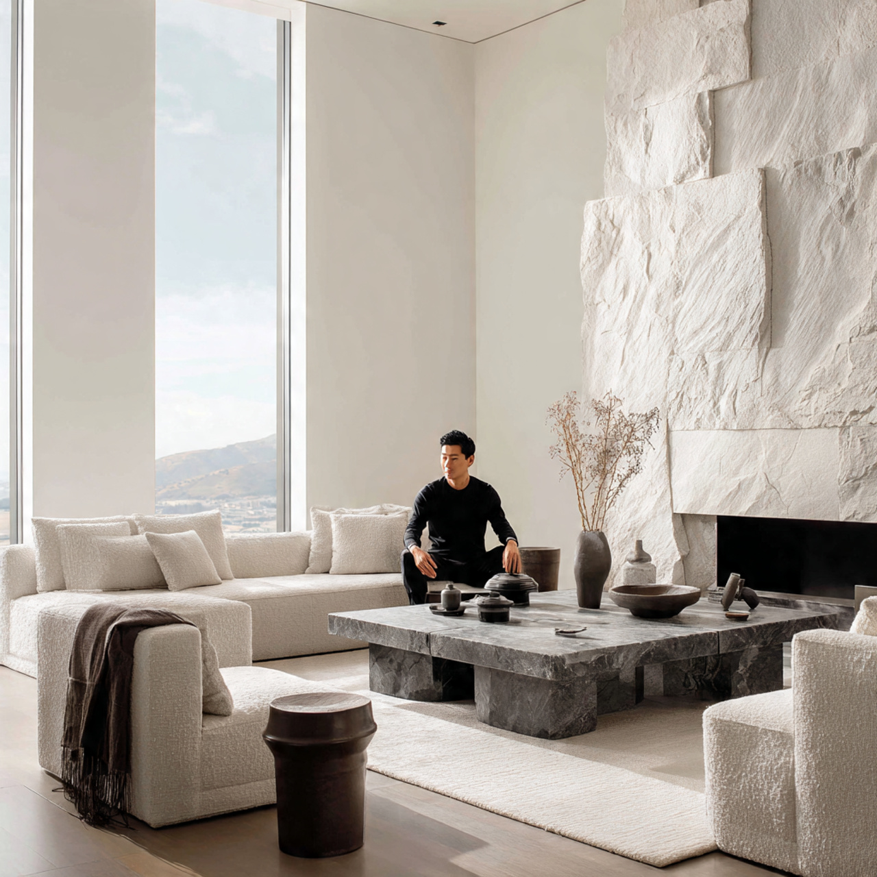 minimalist living room featuring tonal stone elements