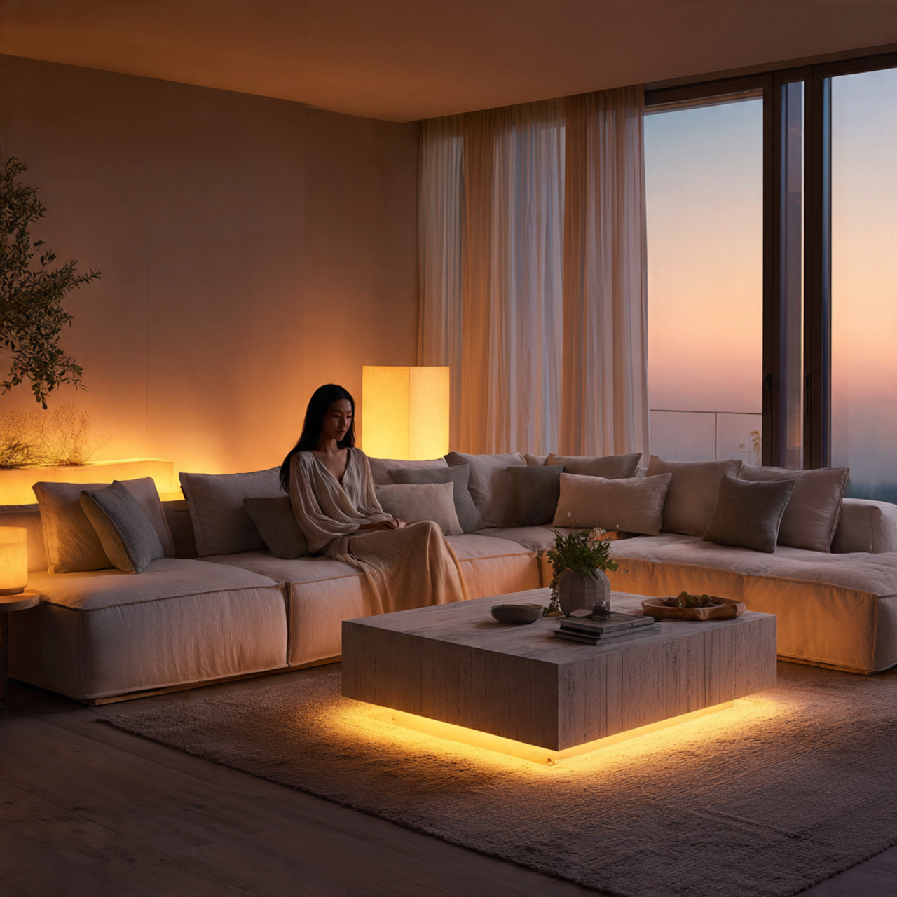 minimalist living room illuminated with soft ambient