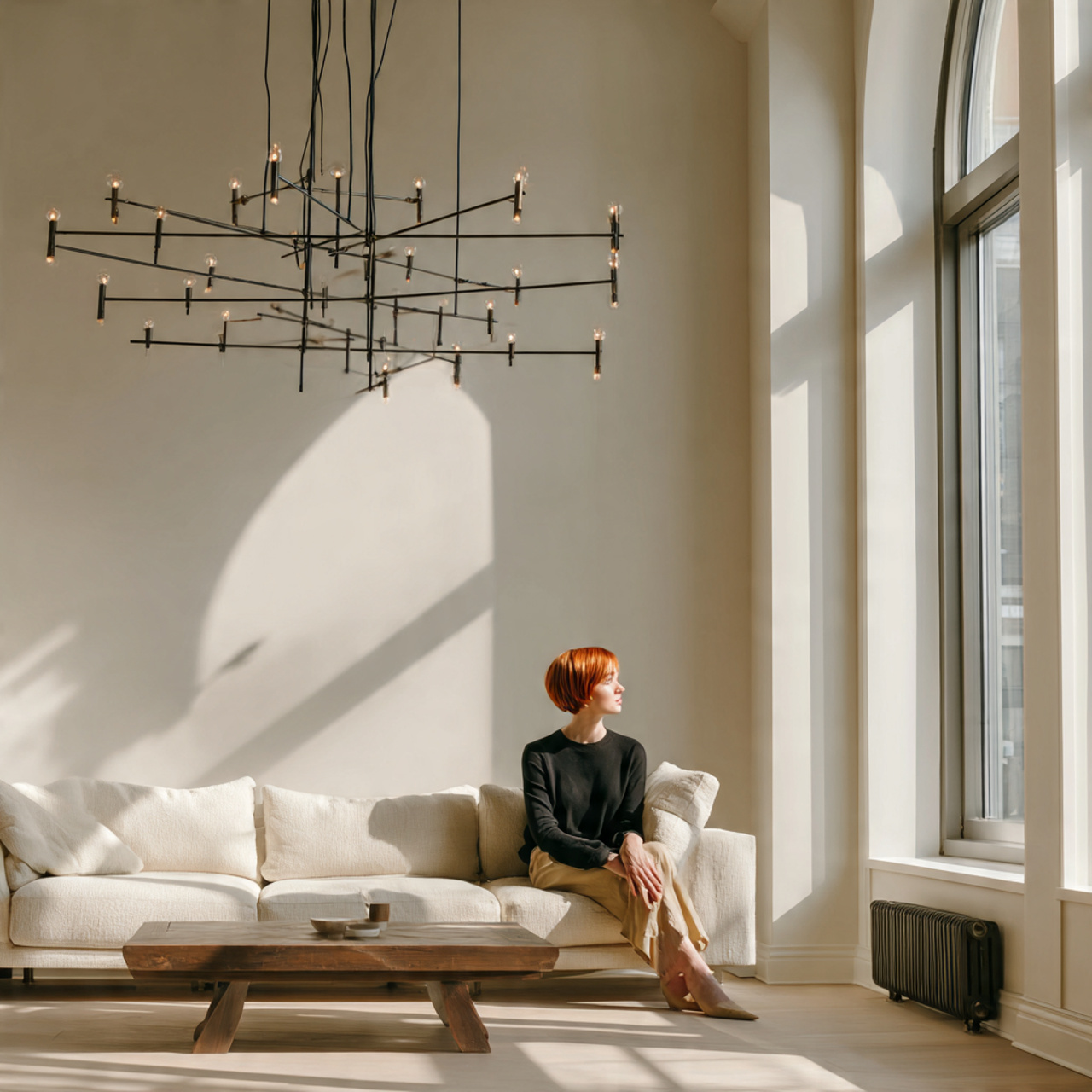 minimalist living room with a bold sculptural