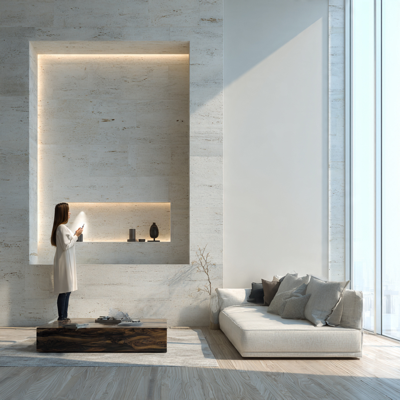 minimalist living room with a recessed wall