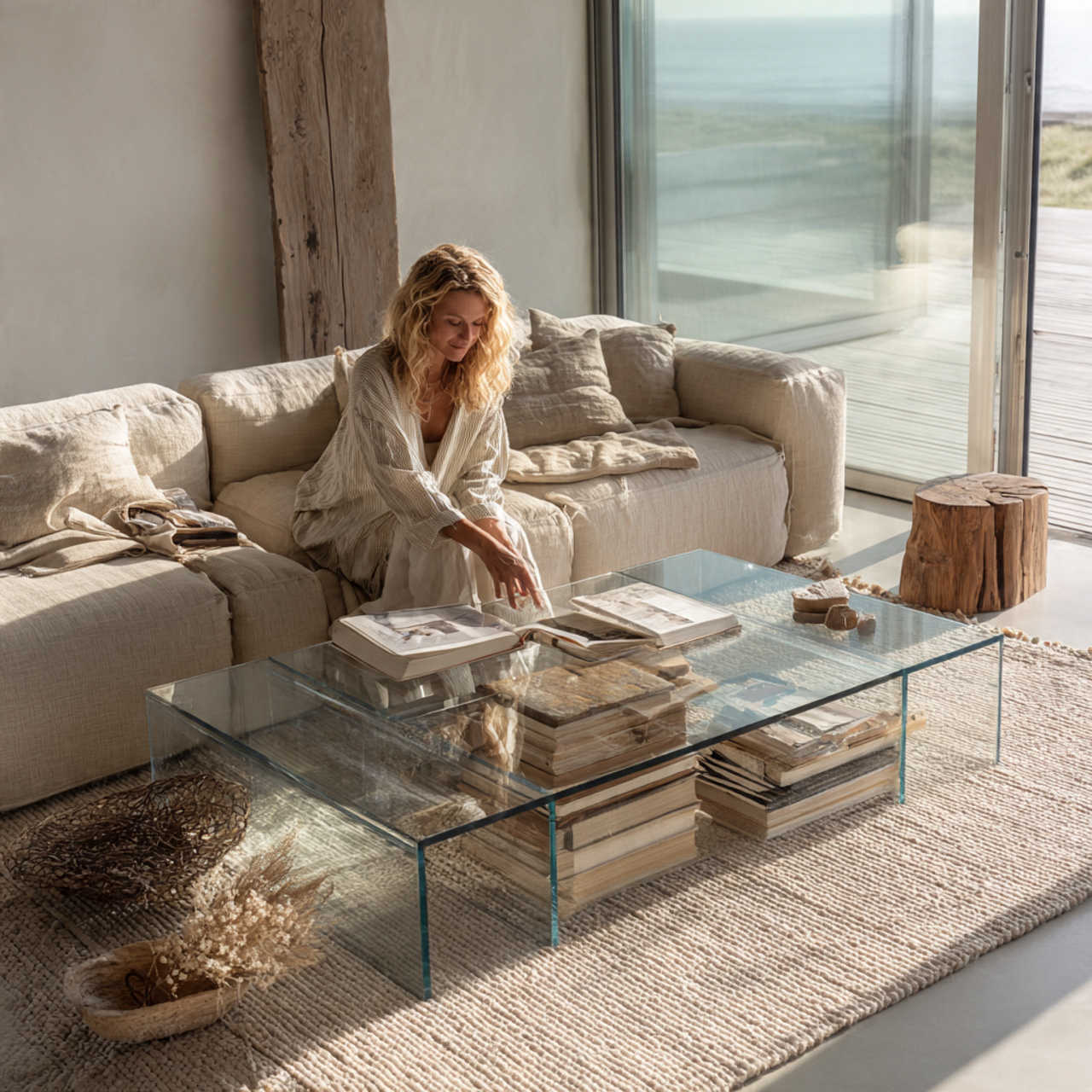 minimalist living room with transparent glass coffee
