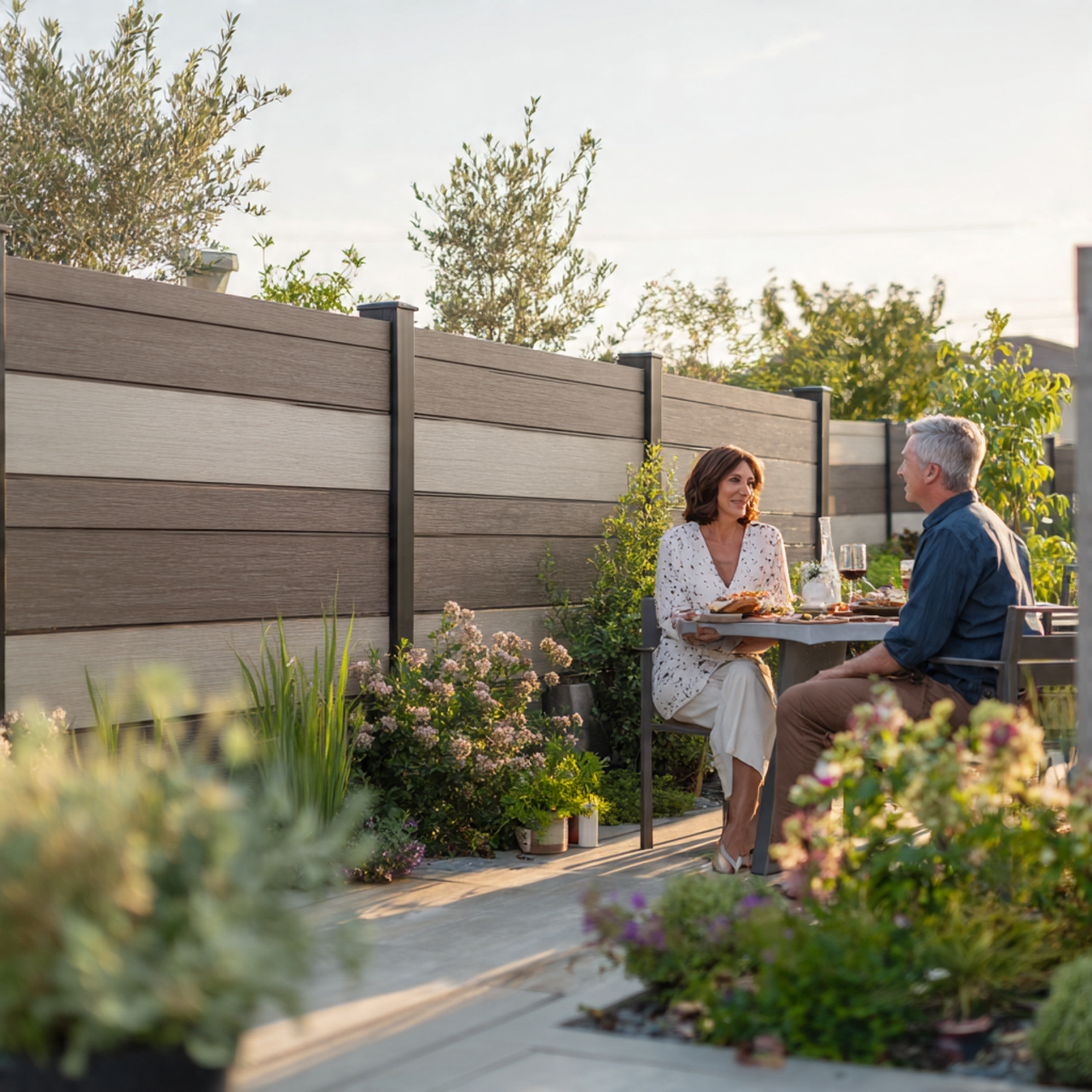 modern backyard featuring a multi tonal composite decking