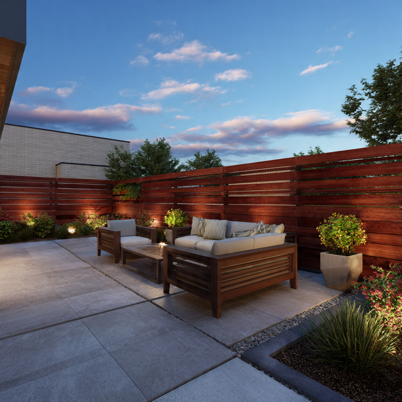 modern backyard with a horizontal stained redwood