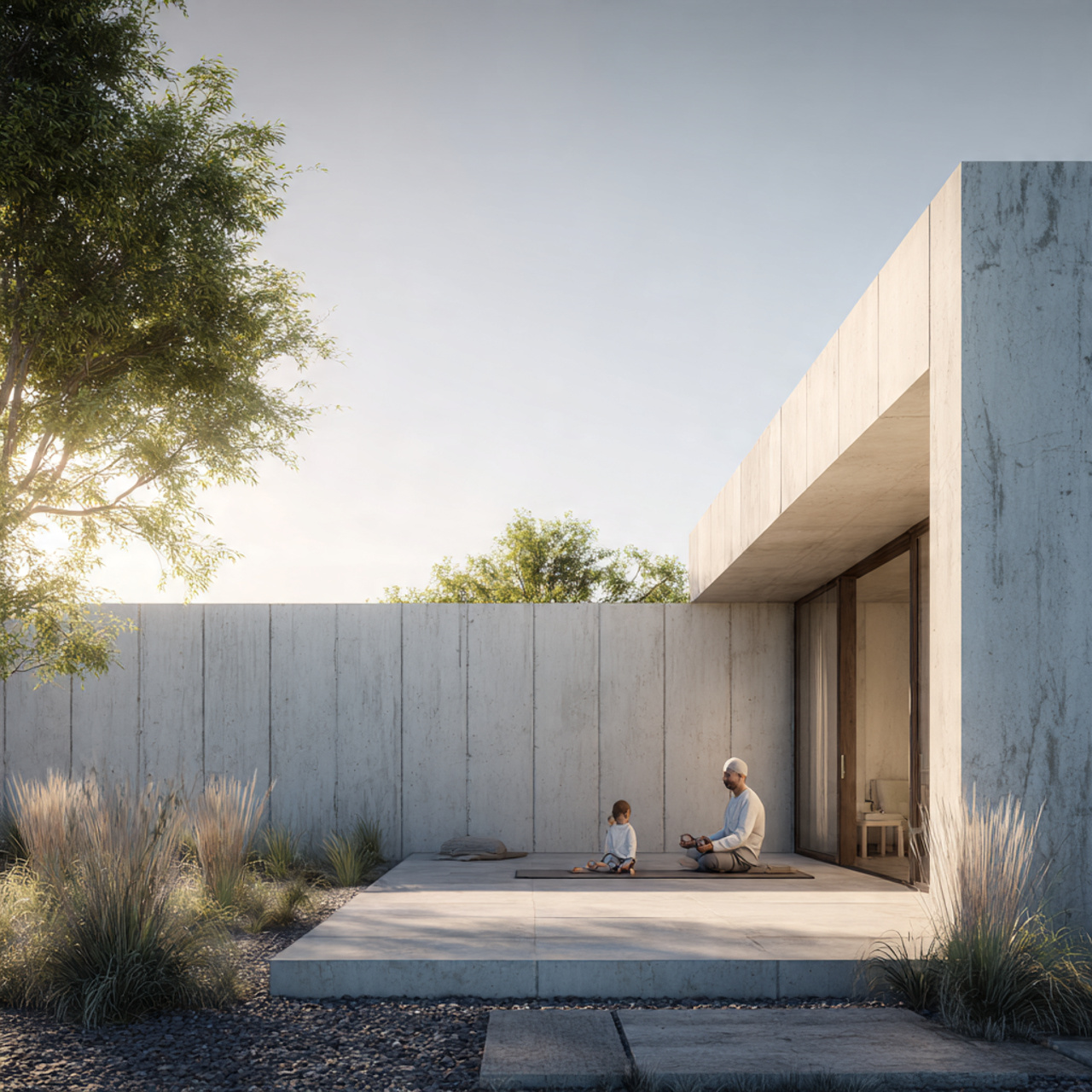 modern backyard with a minimalist concrete privacy