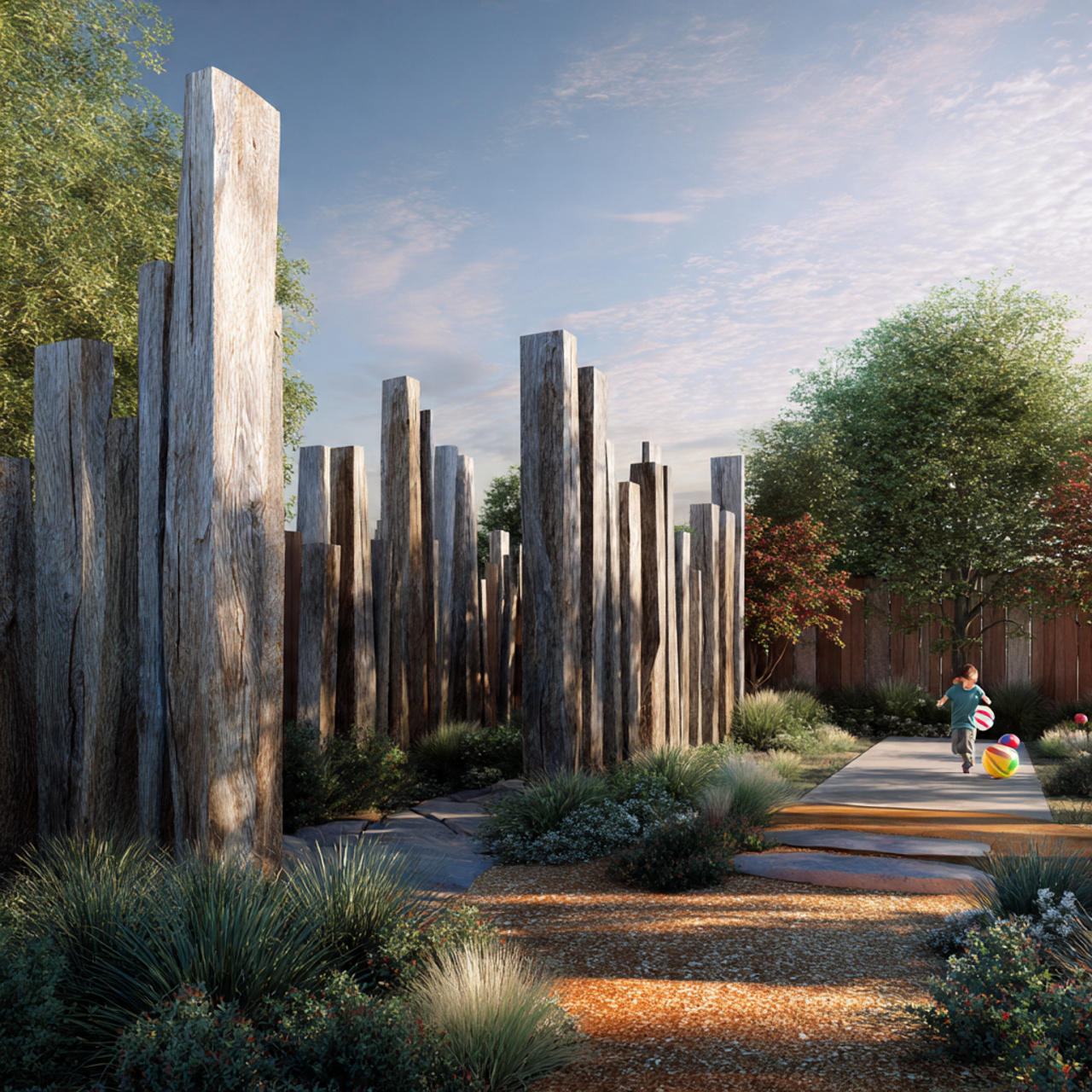 modern backyard with sculptural post and rail