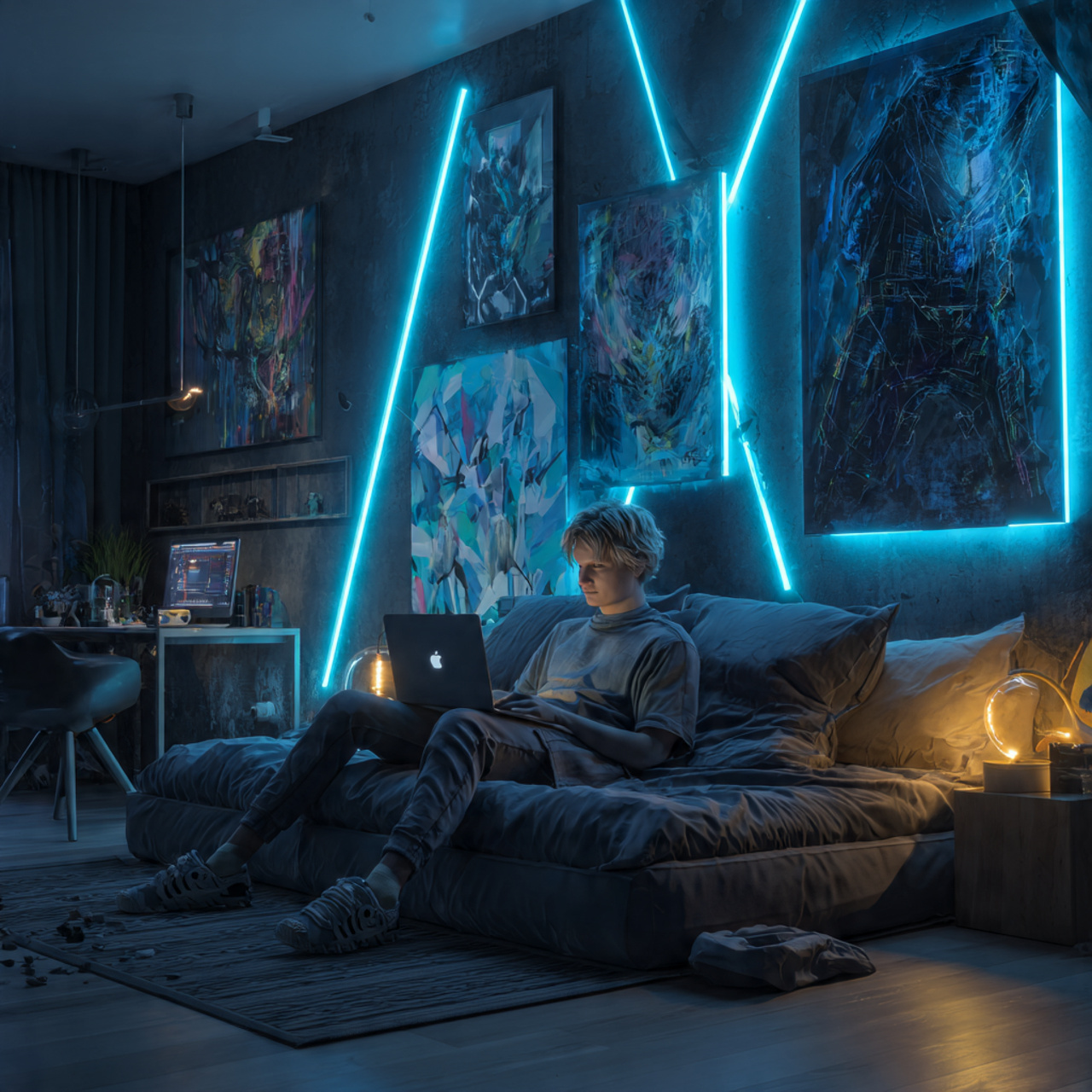 25 Elegant Blue Bedroom Ideas That Elevate Any Room 16 modern bedroom with dark walls and vibrant