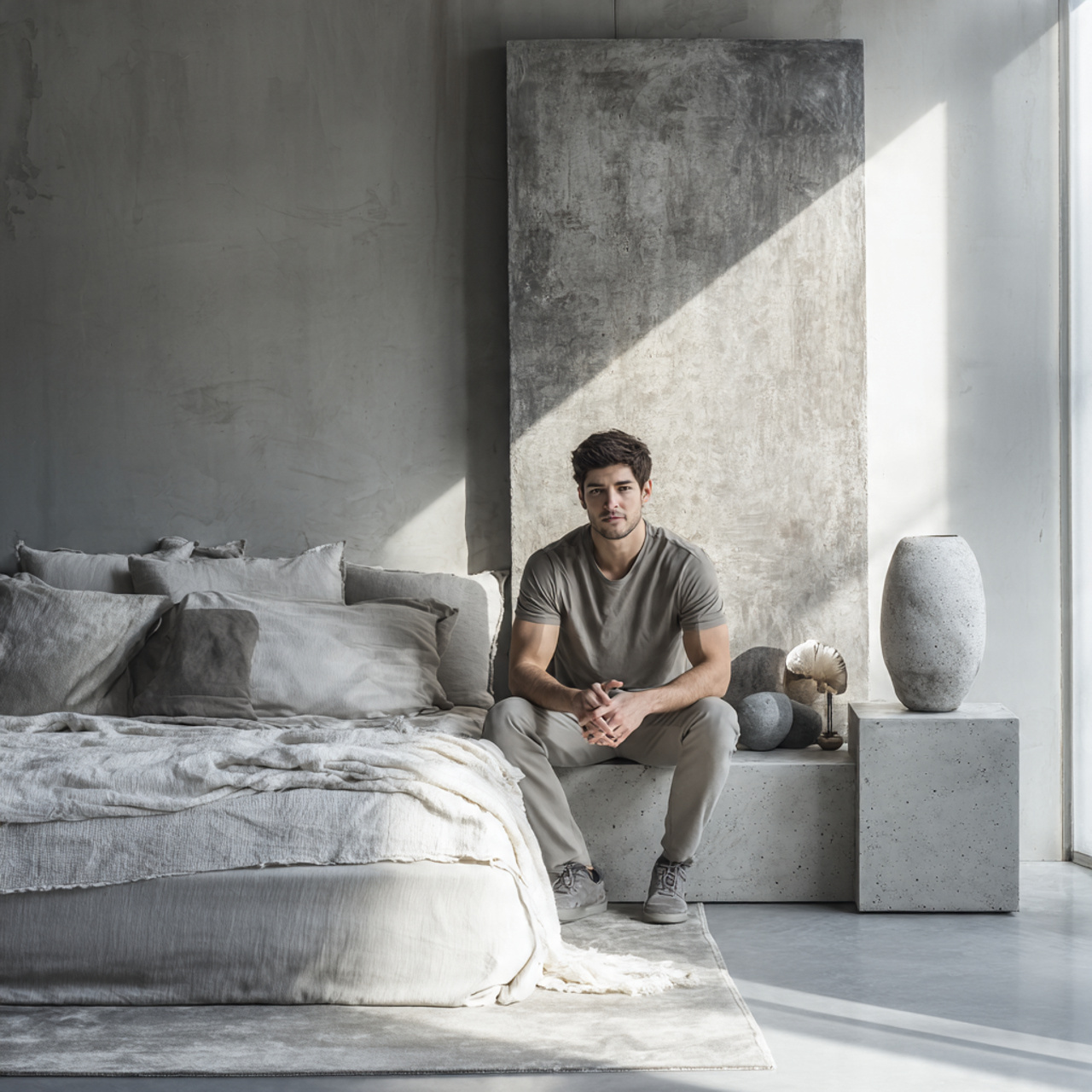 25 Stunning Neutral Bedroom Decor Ideas for Calm & Luxurious Living 4 modern bedroom with polished concrete bedside table