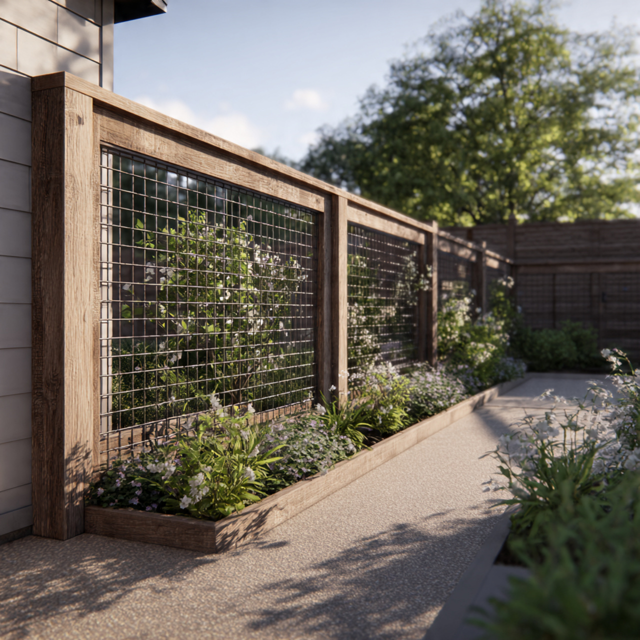 modern farmhouse backyard with framed hog wire