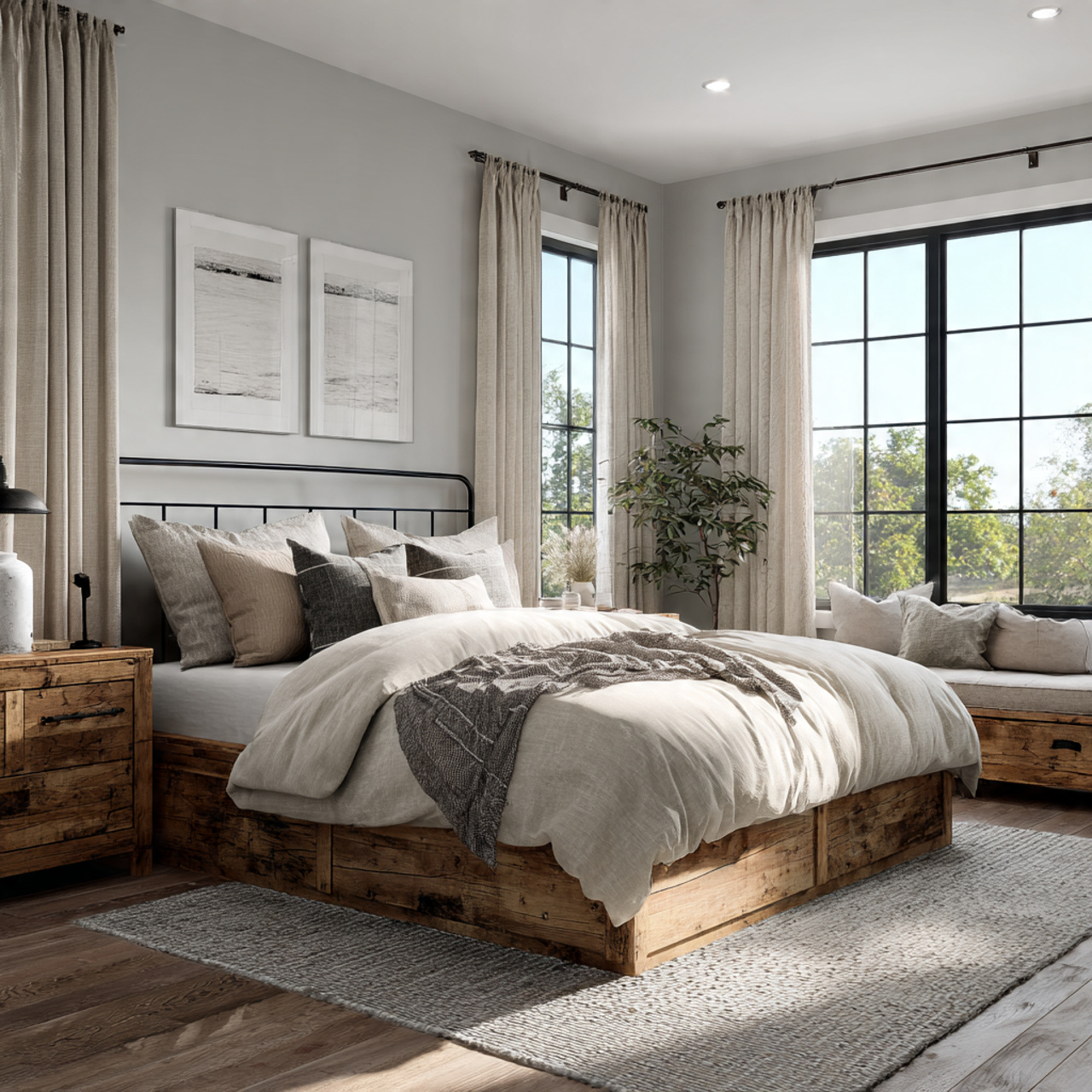 modern farmhouse bedroom with light wood floors