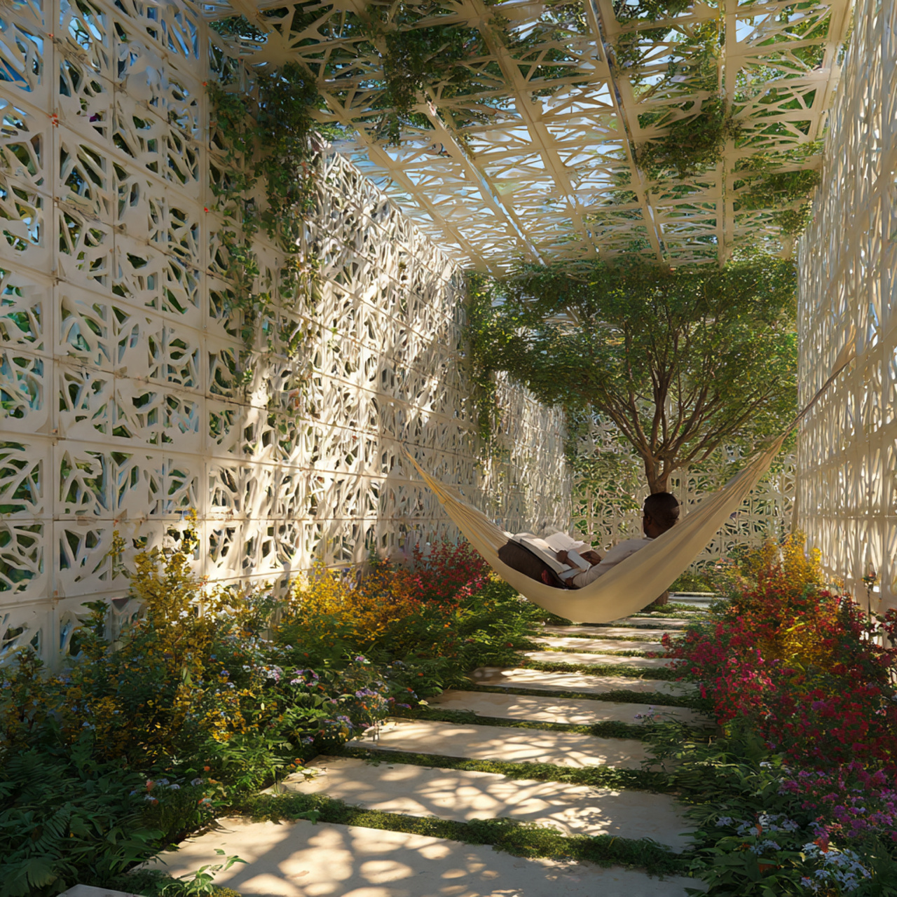modern garden space with a geometric lattice