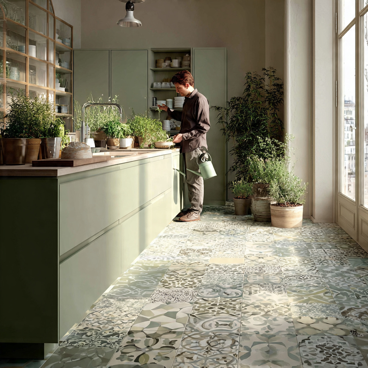25 Sage Green Kitchen Ideas – Transform Your Space with Calm & Stylish Vibes 25 modern kitchen with patterned floor tiles in