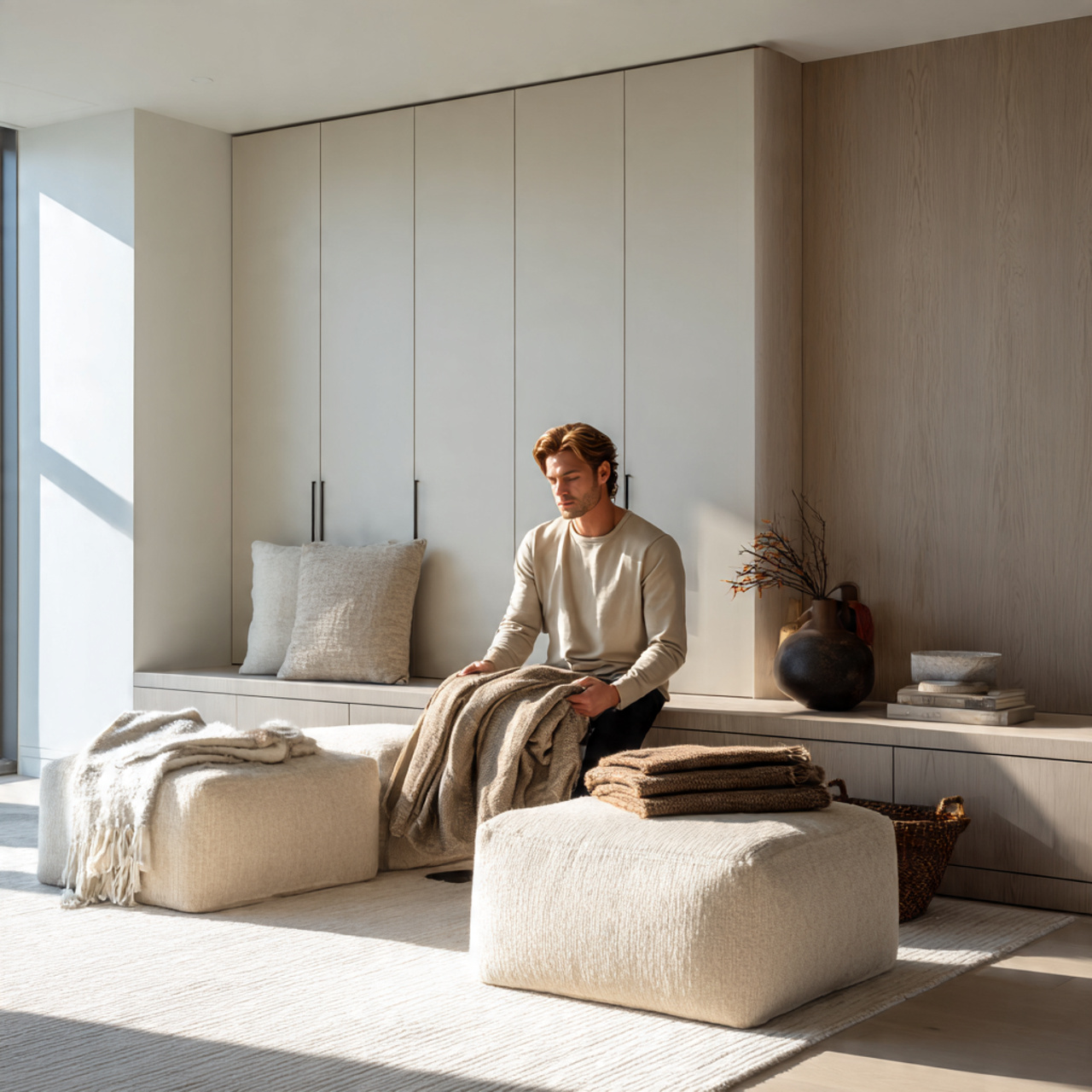 modern minimalist living room with hidden storage