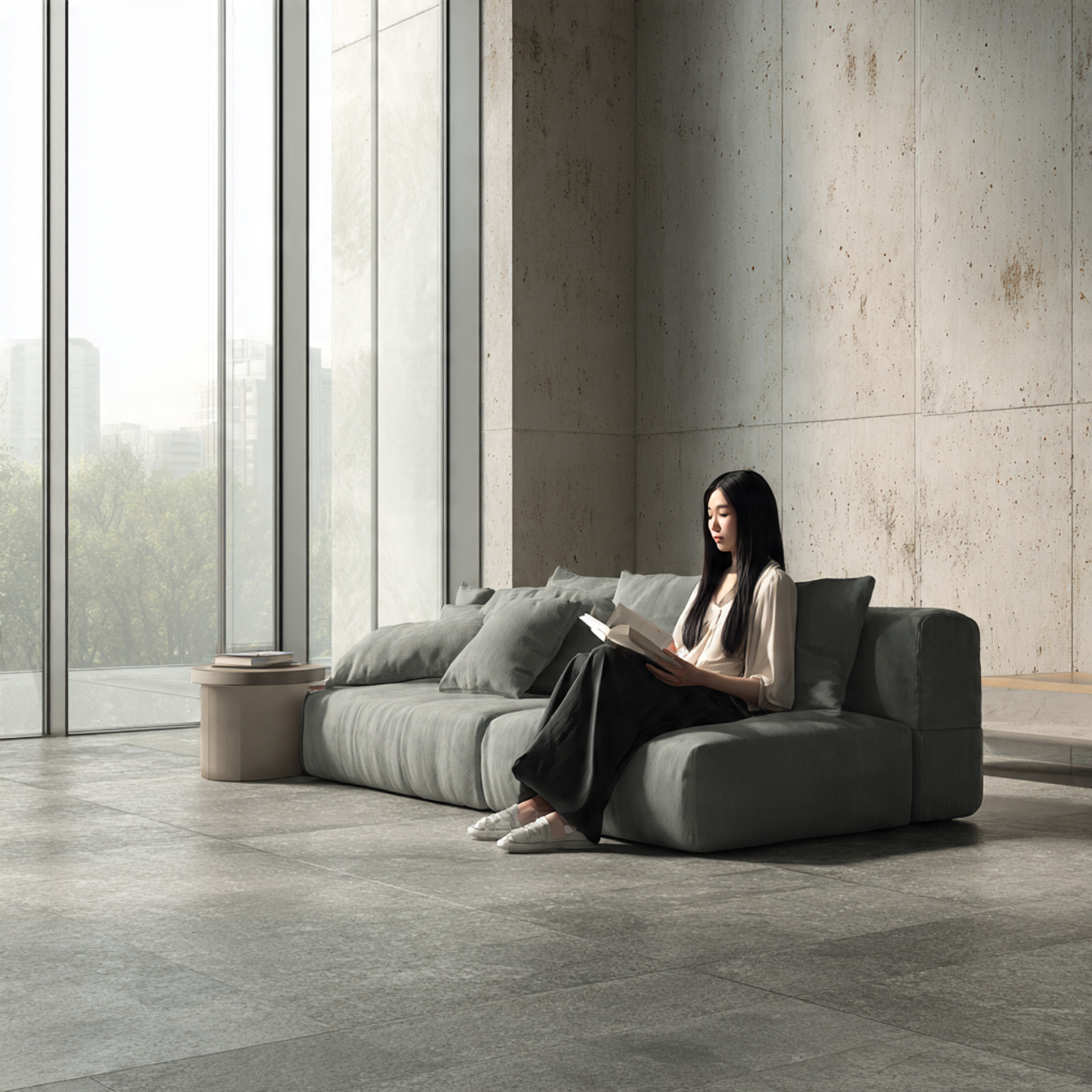 modern minimalist living room with polished concrete