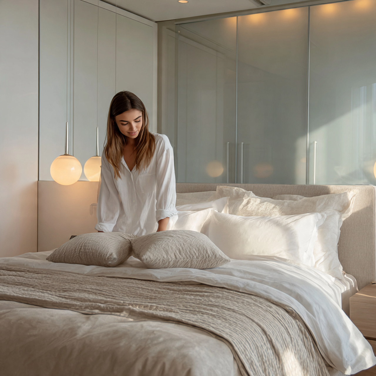 25 Stunning Neutral Bedroom Decor Ideas for Calm & Luxurious Living 9 modern neutral bedroom with frosted glass closet