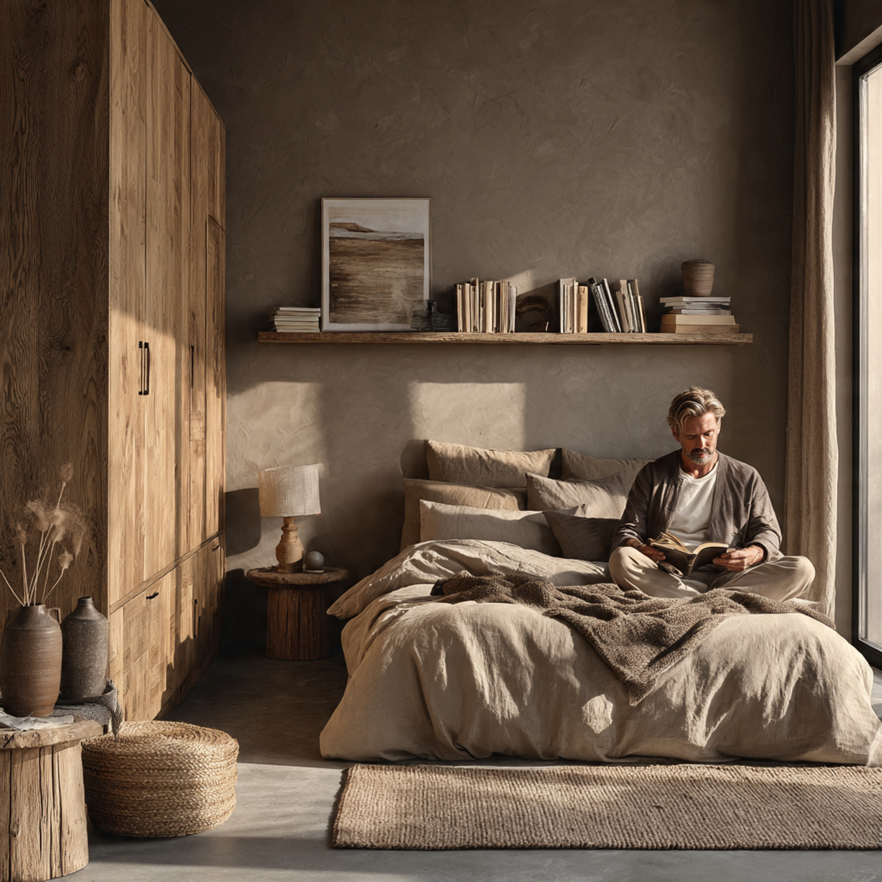 25 Stunning Neutral Bedroom Decor Ideas for Calm & Luxurious Living 17 neutral bedroom featuring earthy clay toned walls and