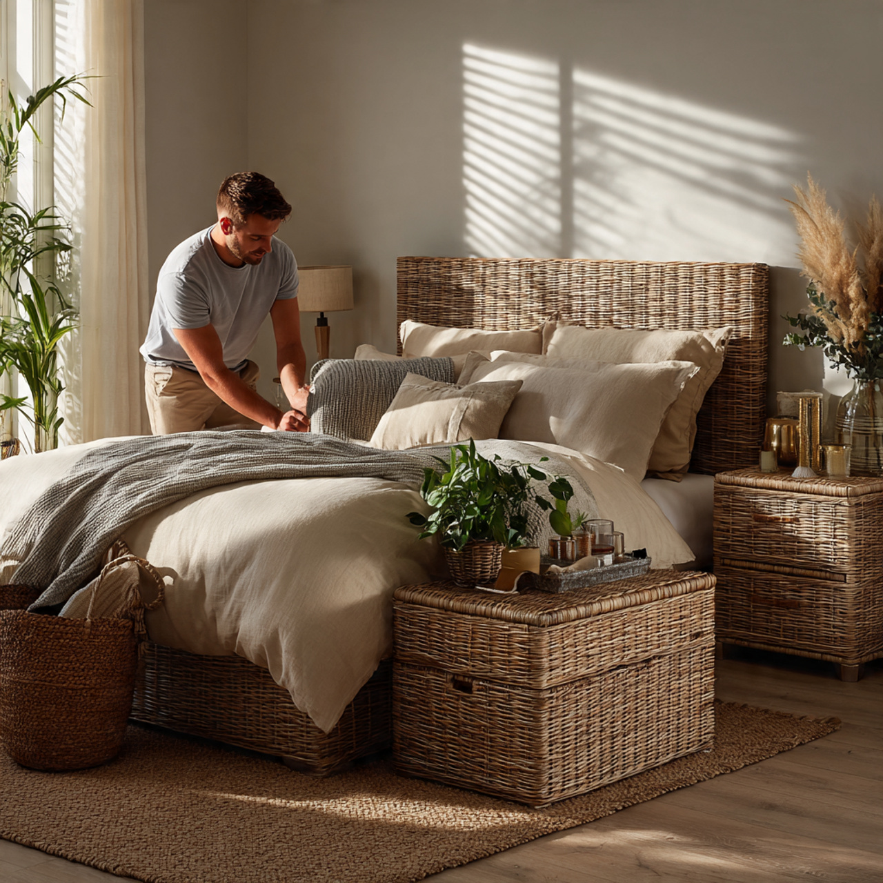 25 Stunning Neutral Bedroom Decor Ideas for Calm & Luxurious Living 14 neutral bedroom featuring woven wicker headboard and