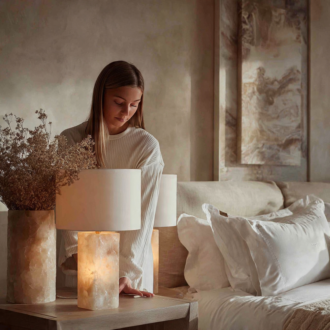 25 Stunning Neutral Bedroom Decor Ideas for Calm & Luxurious Living 20 neutral bedroom with alabaster table lamps on